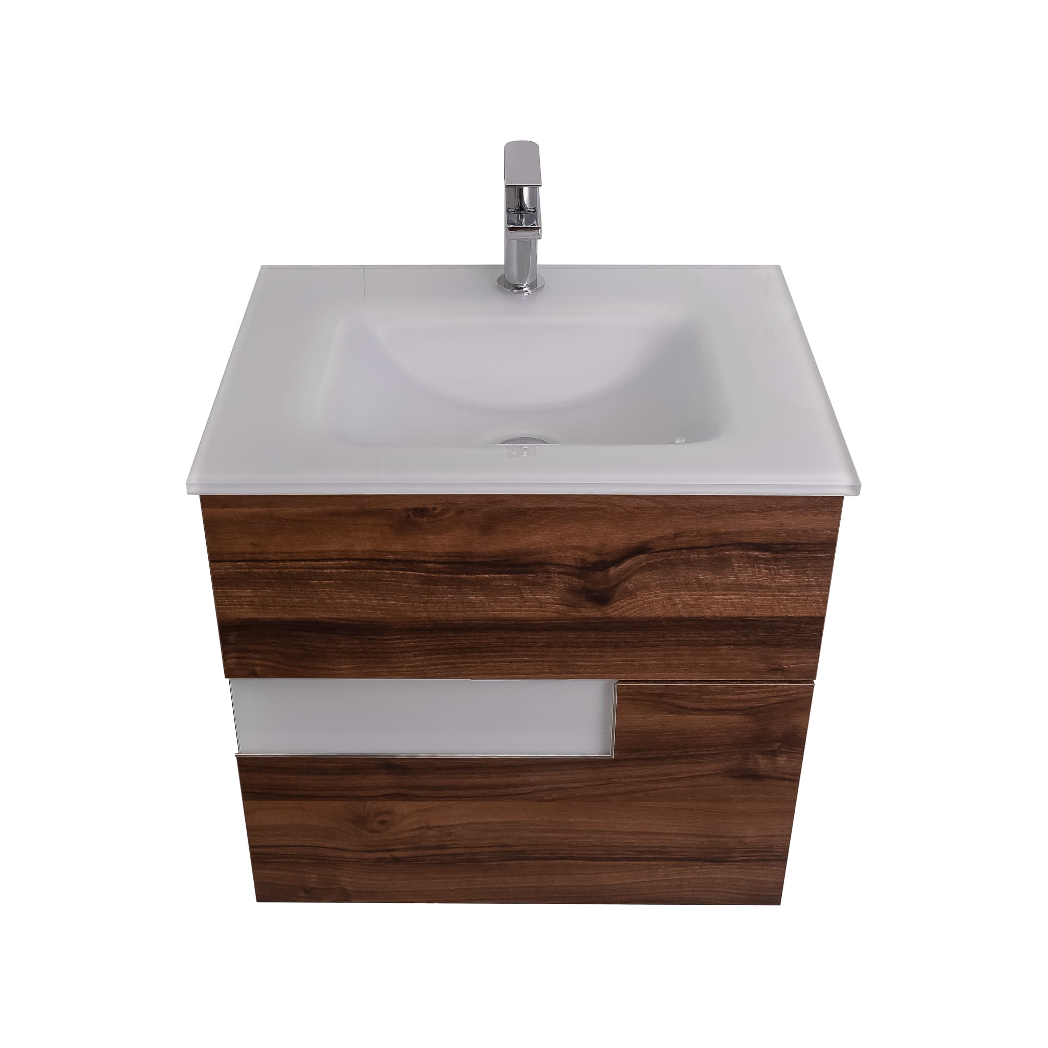 Vision 23.5 Valenti Medium Brown Wood Cabinet, White Tempered Glass Sink, Wall Mounted Modern Vanity Set