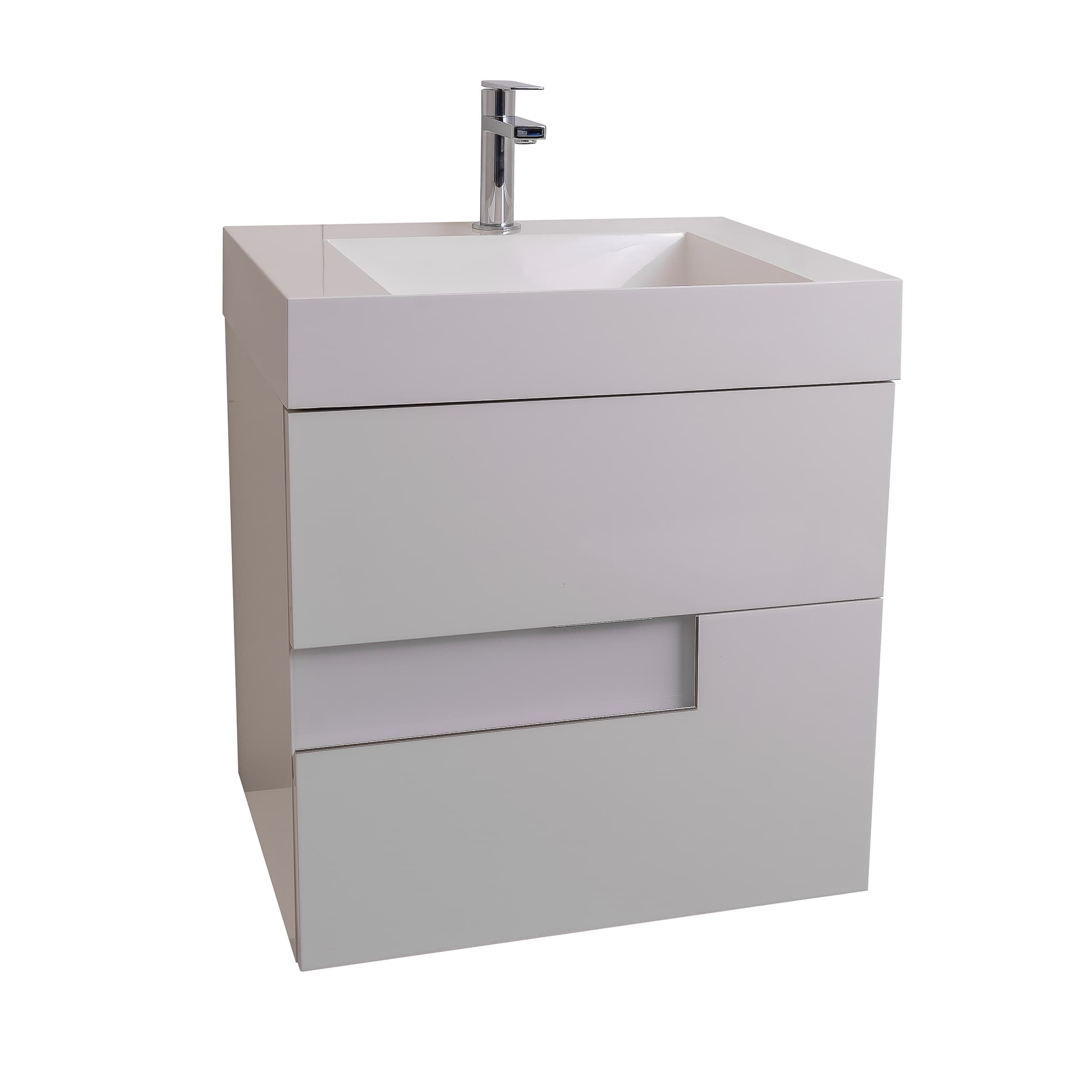Vision 23.5 White High Gloss Cabinet, Infinity Cultured Marble Sink, Wall Mounted Modern Vanity Set