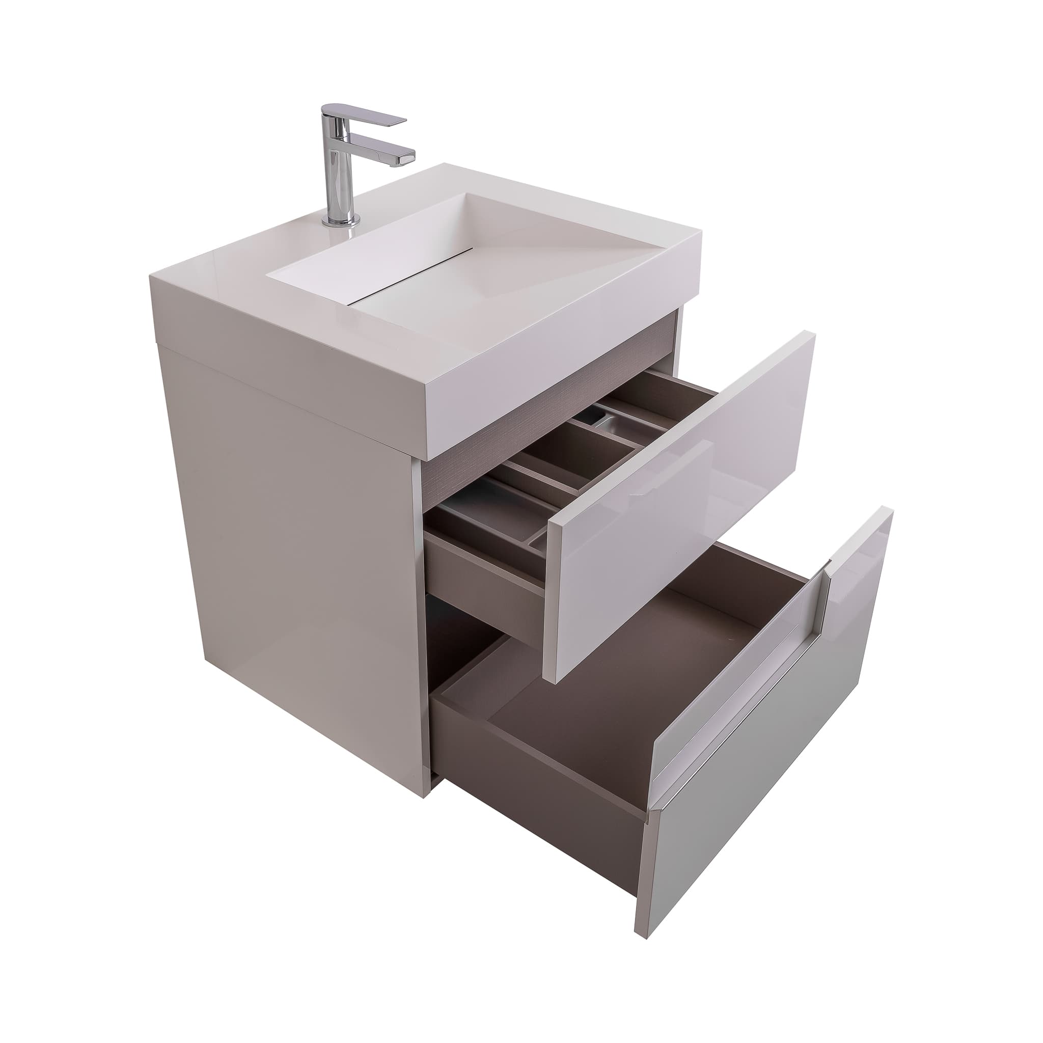 Vision 23.5 White High Gloss Cabinet, Infinity Cultured Marble Sink, Wall Mounted Modern Vanity Set