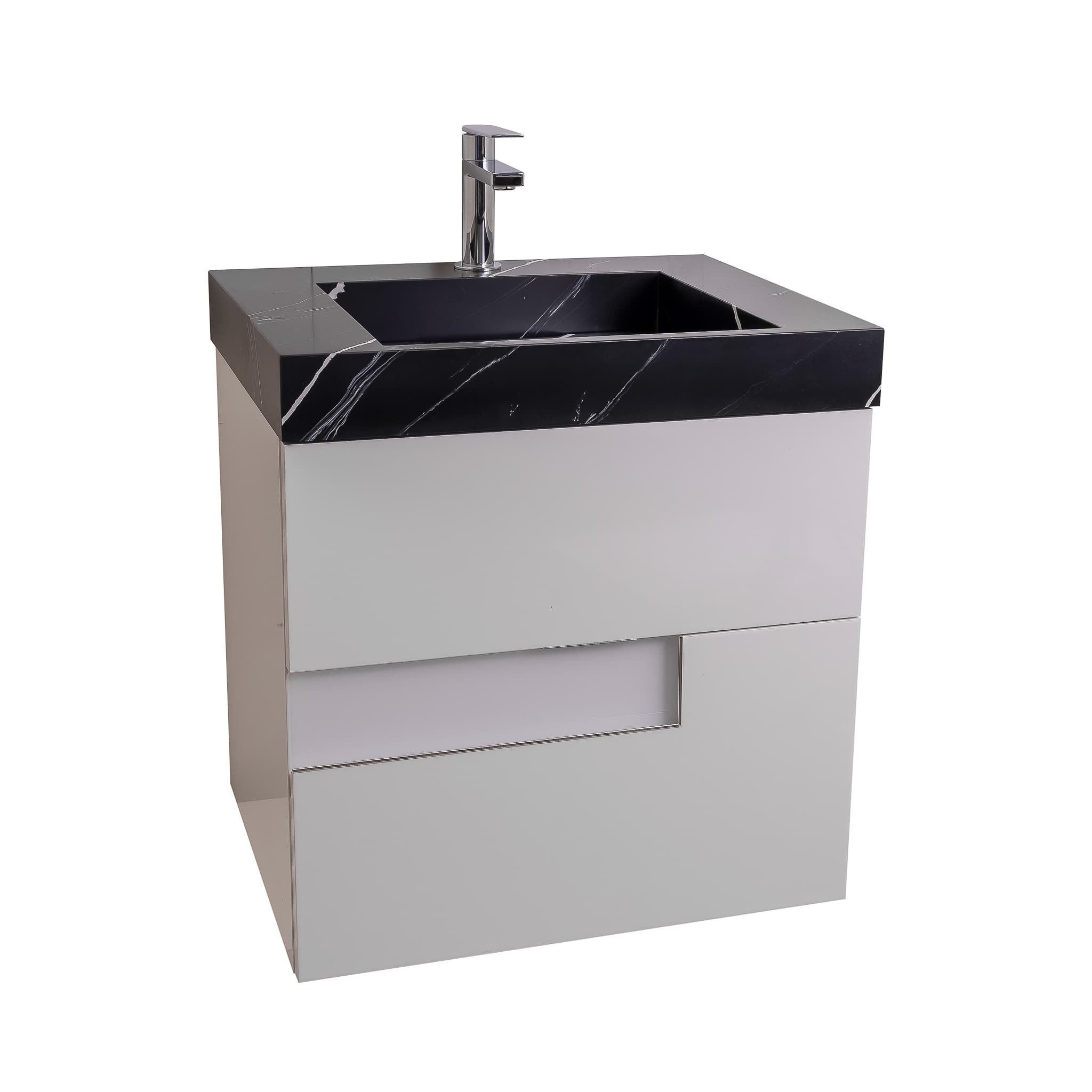 Vision 23.5 White High Gloss Cabinet, Solid Surface Matte Black Carrara Infinity Sink, Wall Mounted Modern Vanity Set