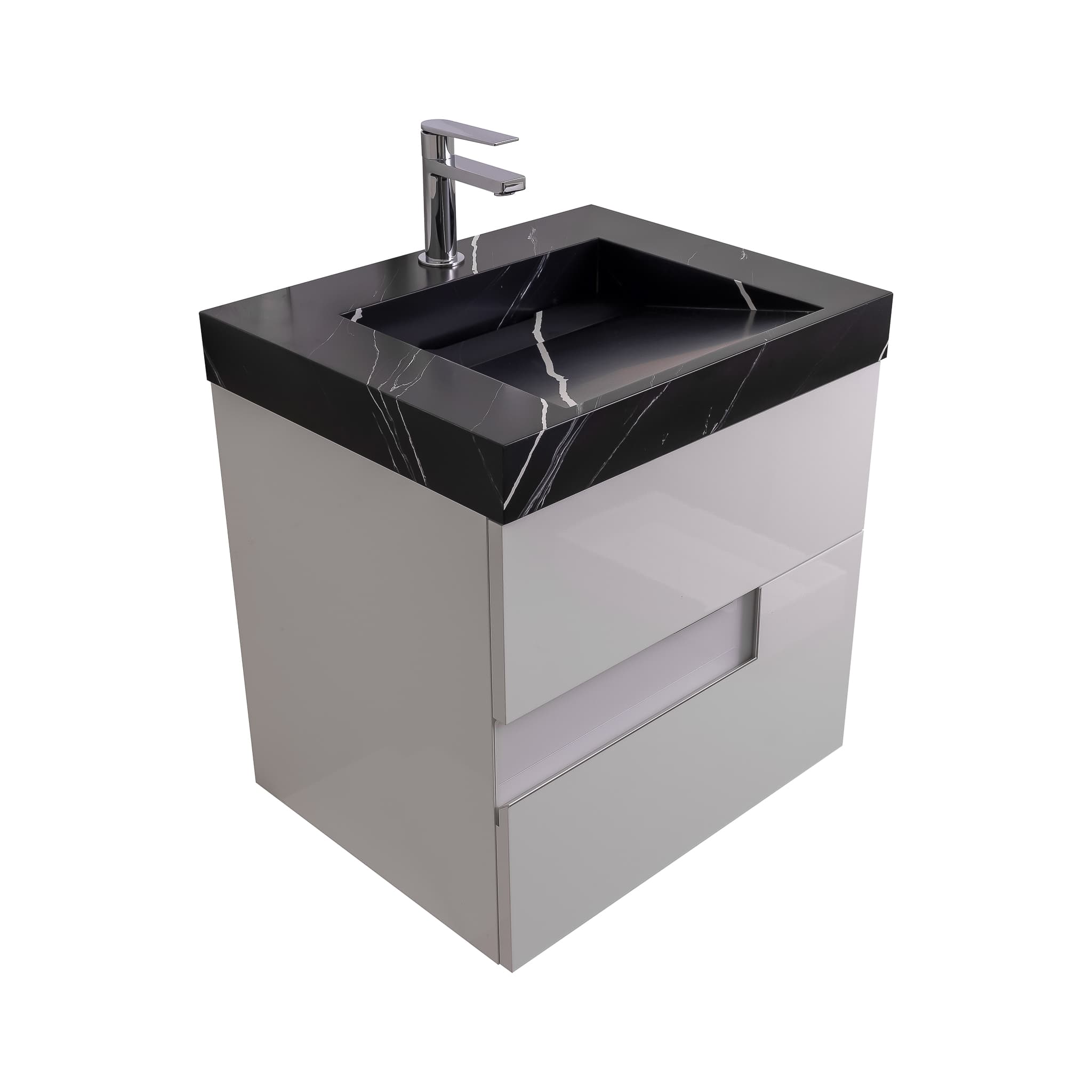 Vision 23.5 White High Gloss Cabinet, Solid Surface Matte Black Carrara Infinity Sink, Wall Mounted Modern Vanity Set