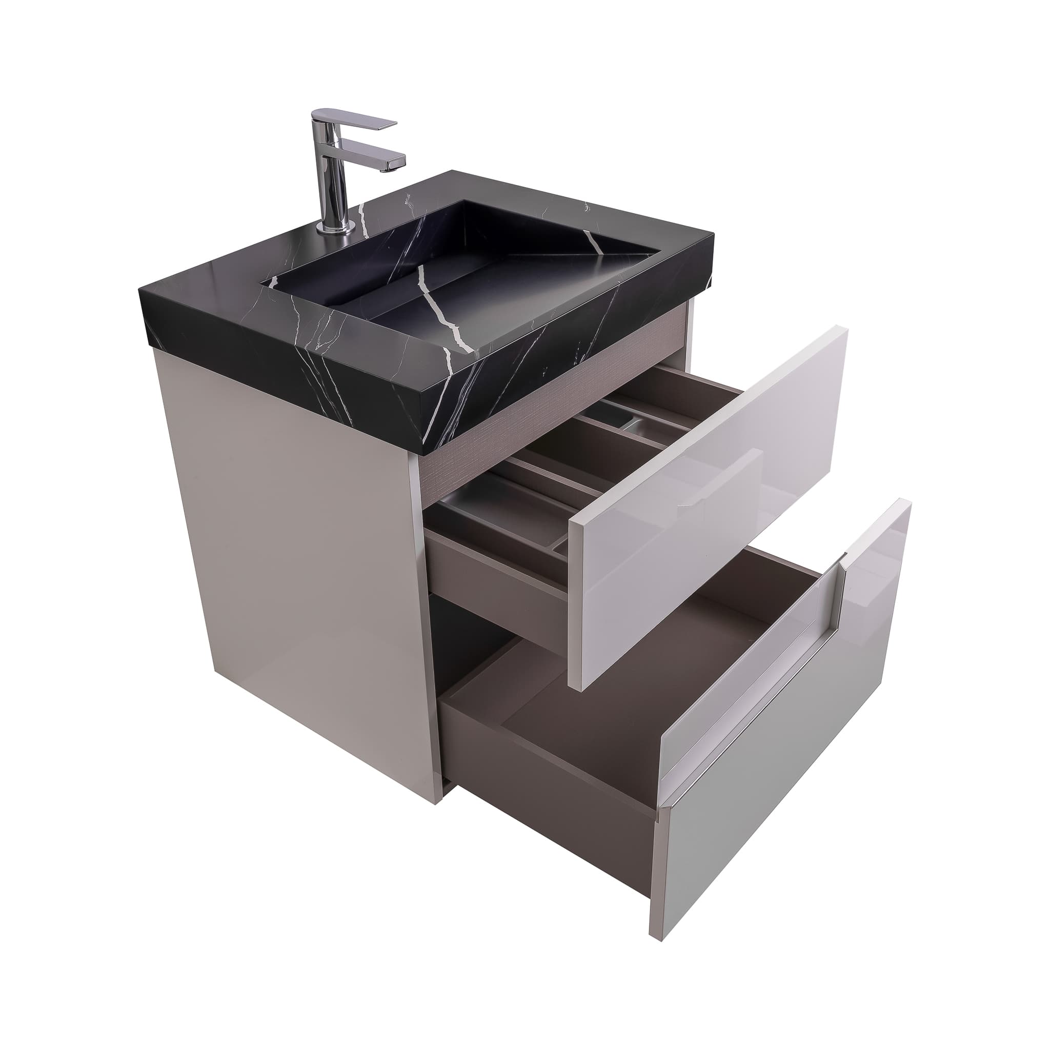 Vision 23.5 White High Gloss Cabinet, Solid Surface Matte Black Carrara Infinity Sink, Wall Mounted Modern Vanity Set