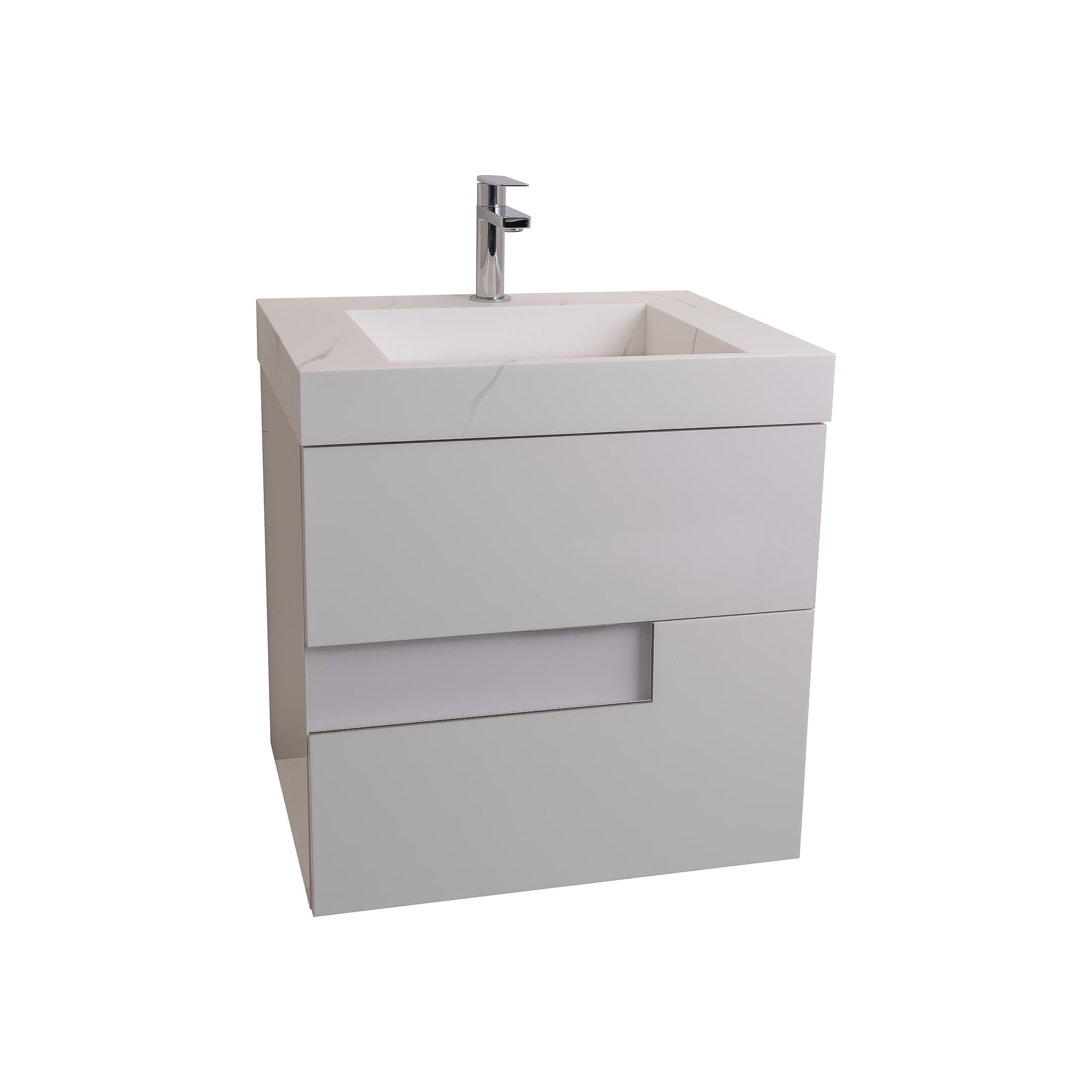 Vision 23.5 White High Gloss Cabinet, Solid Surface Matte White Top Carrara Infinity Sink, Wall Mounted Modern Vanity Set