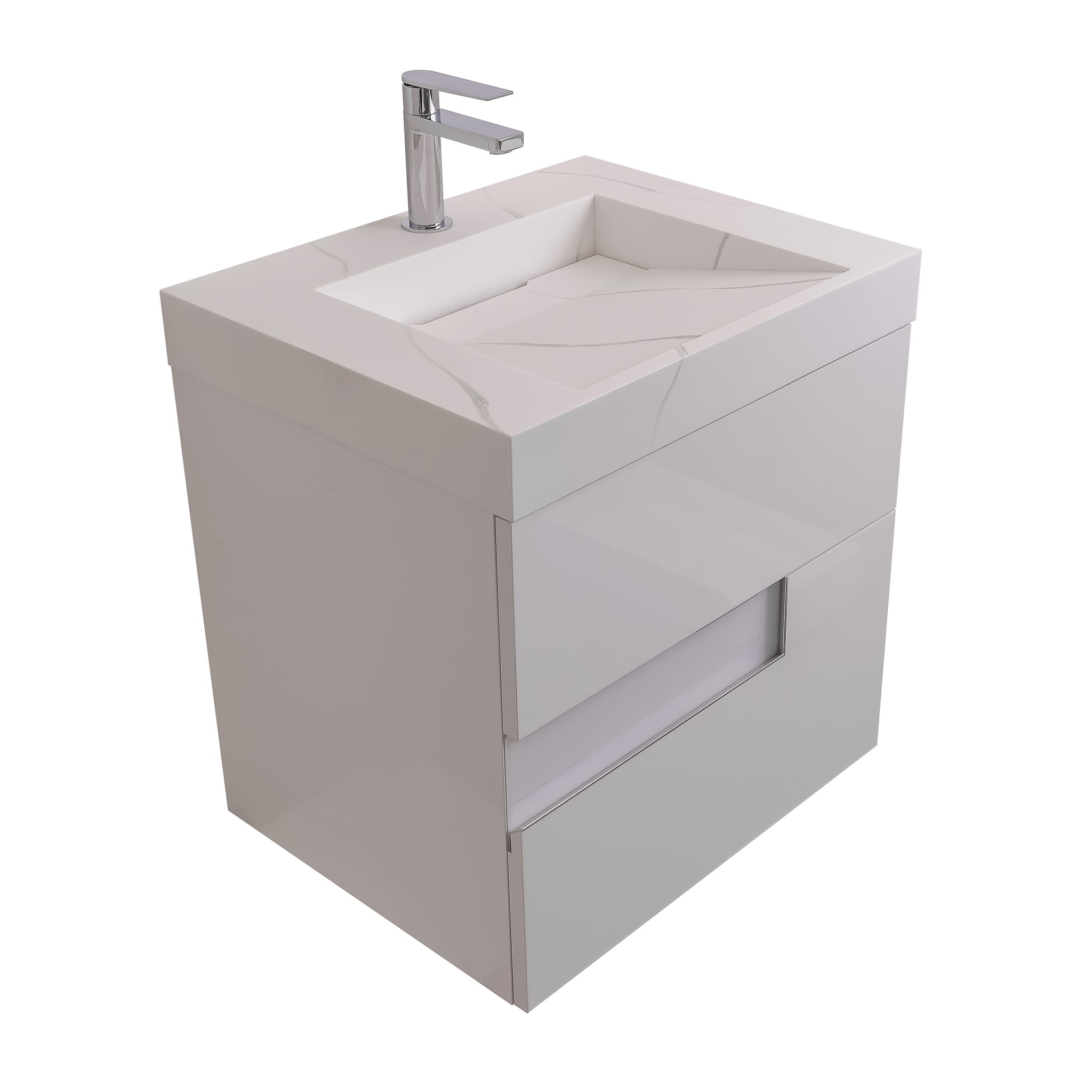 Vision 23.5 White High Gloss Cabinet, Solid Surface Matte White Top Carrara Infinity Sink, Wall Mounted Modern Vanity Set