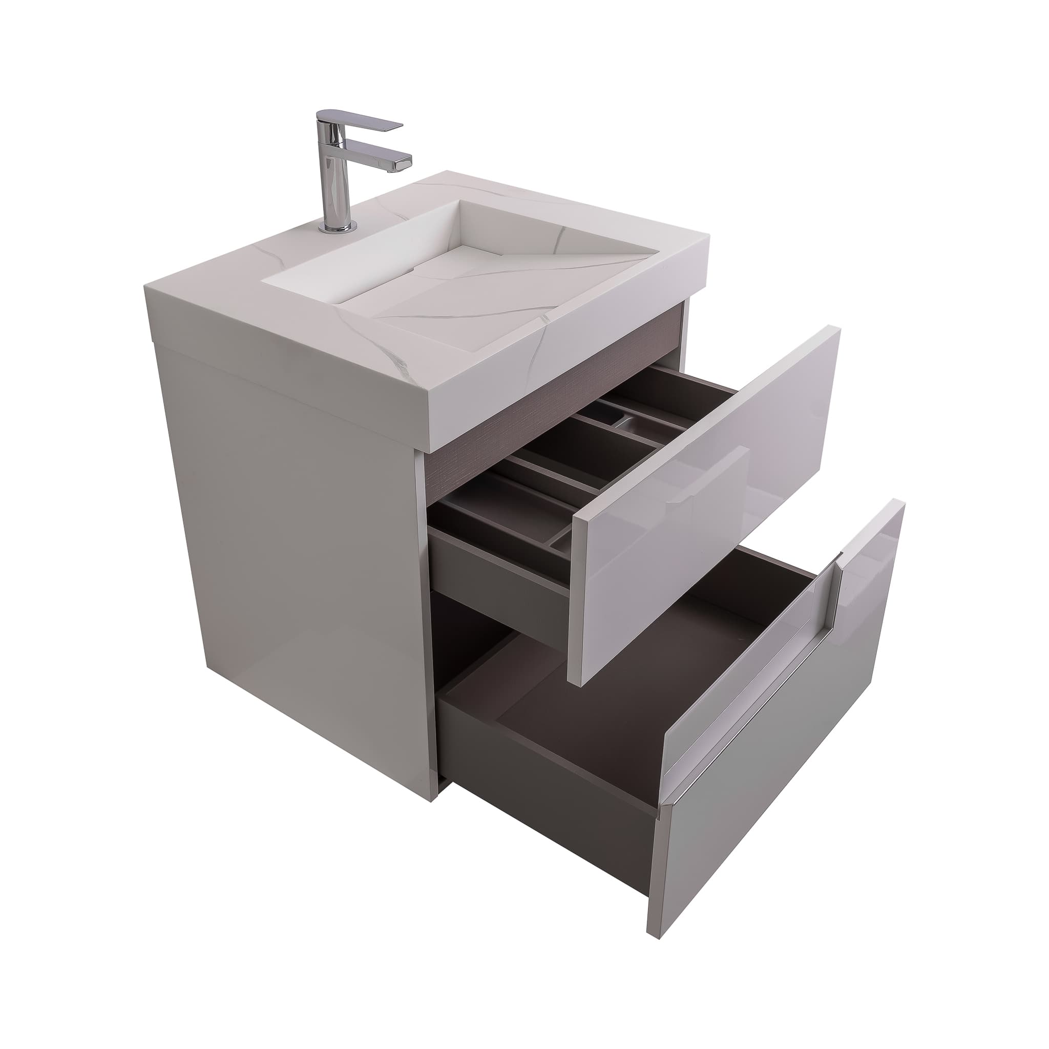 Vision 23.5 White High Gloss Cabinet, Solid Surface Matte White Top Carrara Infinity Sink, Wall Mounted Modern Vanity Set