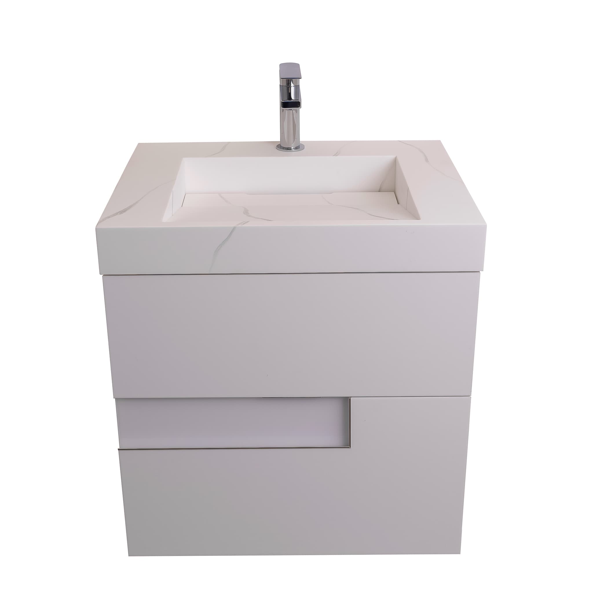 Vision 23.5 White High Gloss Cabinet, Solid Surface Matte White Top Carrara Infinity Sink, Wall Mounted Modern Vanity Set