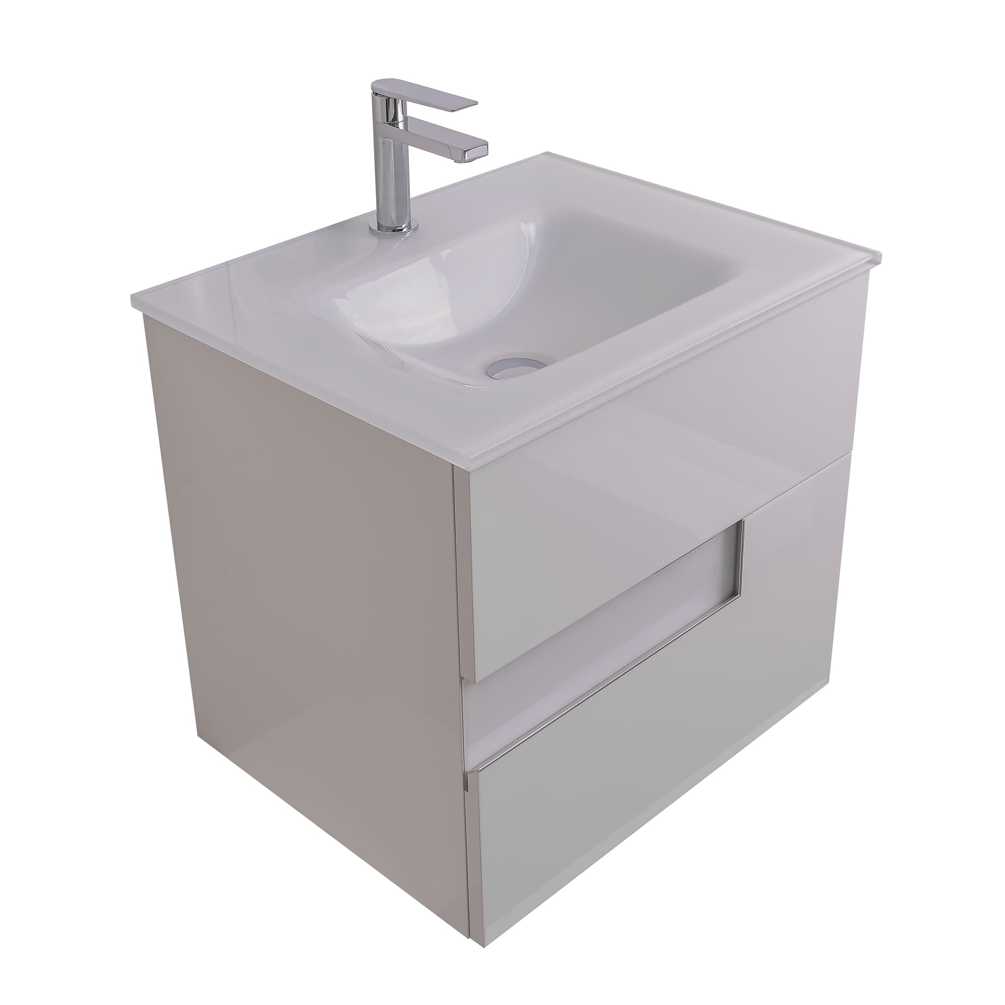 Vision 23.5 White High Gloss Cabinet, White Tempered Glass Sink, Wall Mounted Modern Vanity Set