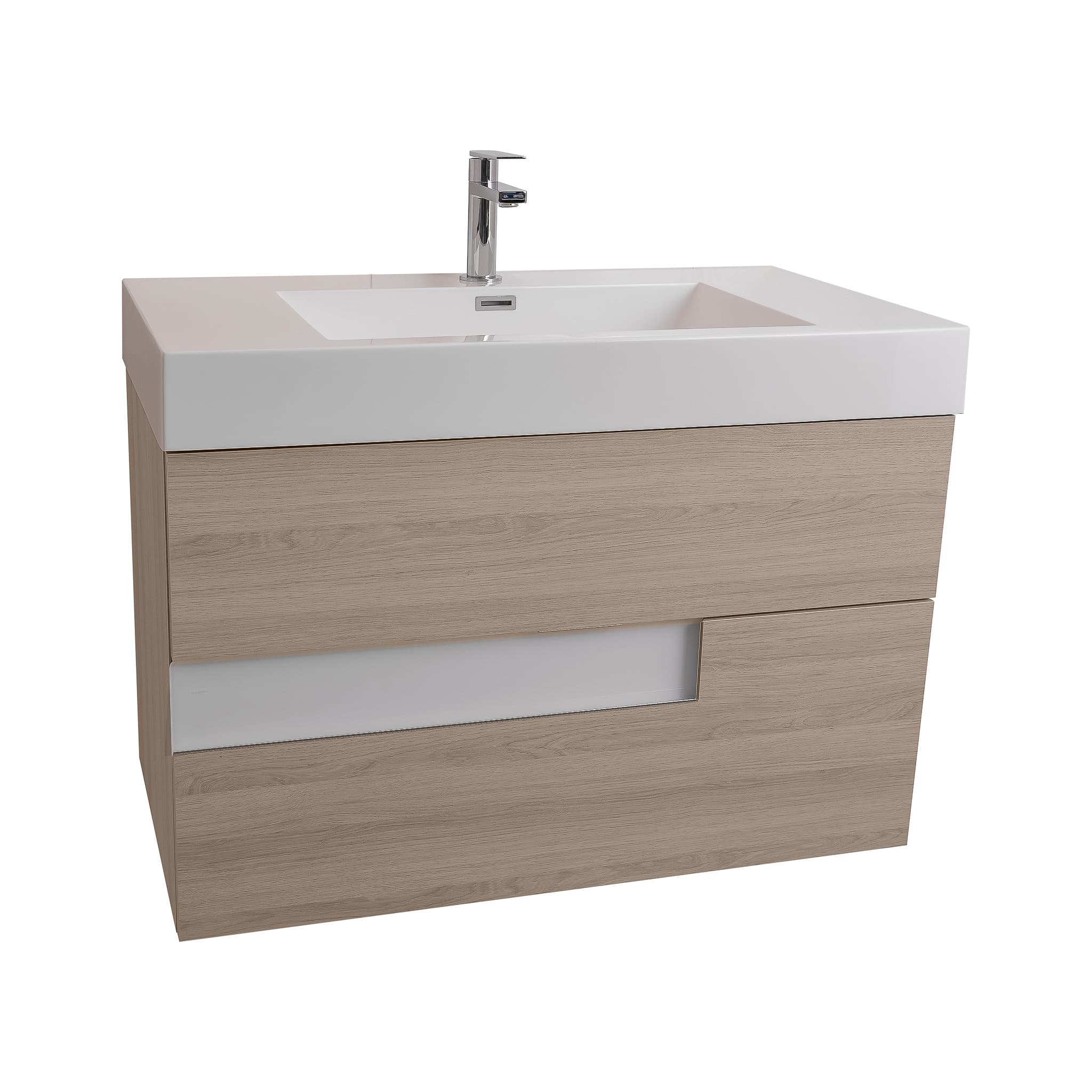Vision 31.5 Natural Light Wood Cabinet, Square Cultured Marble Sink, Wall Mounted Modern Vanity Set