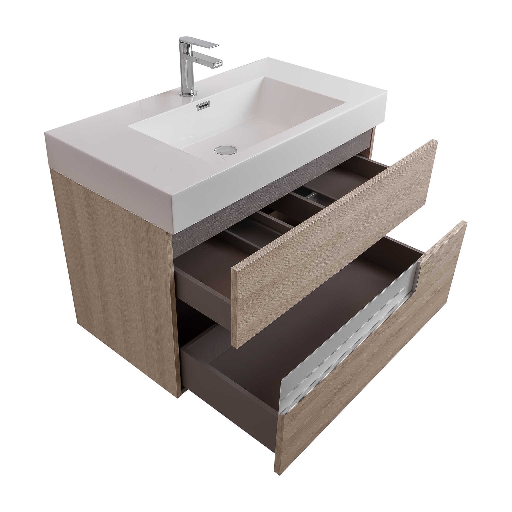 Vision 31.5 Natural Light Wood Cabinet, Square Cultured Marble Sink, Wall Mounted Modern Vanity Set