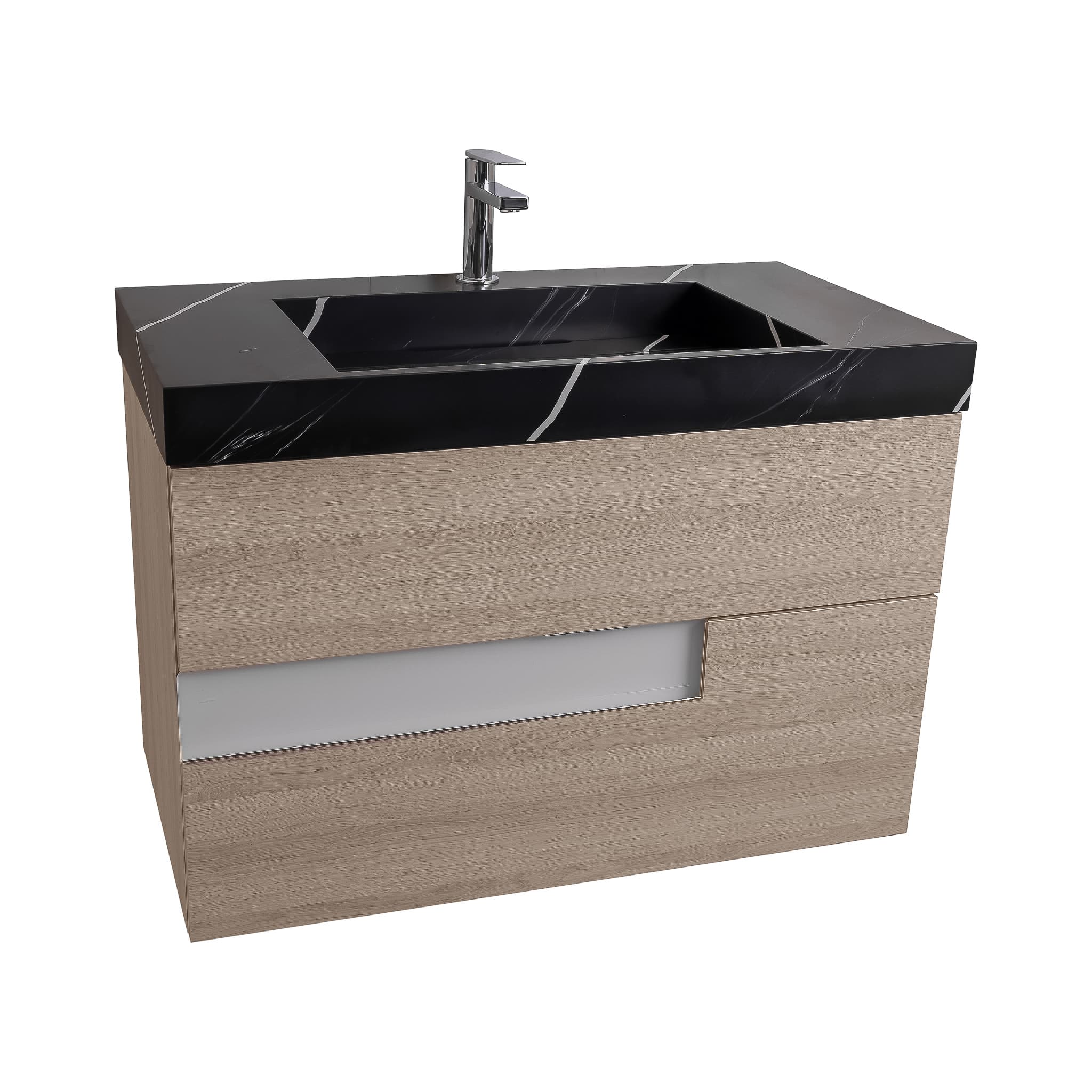 Vision 31.5 Natural Light Wood Cabinet, Solid Surface Matte Black Carrara Infinity Sink, Wall Mounted Modern Vanity Set