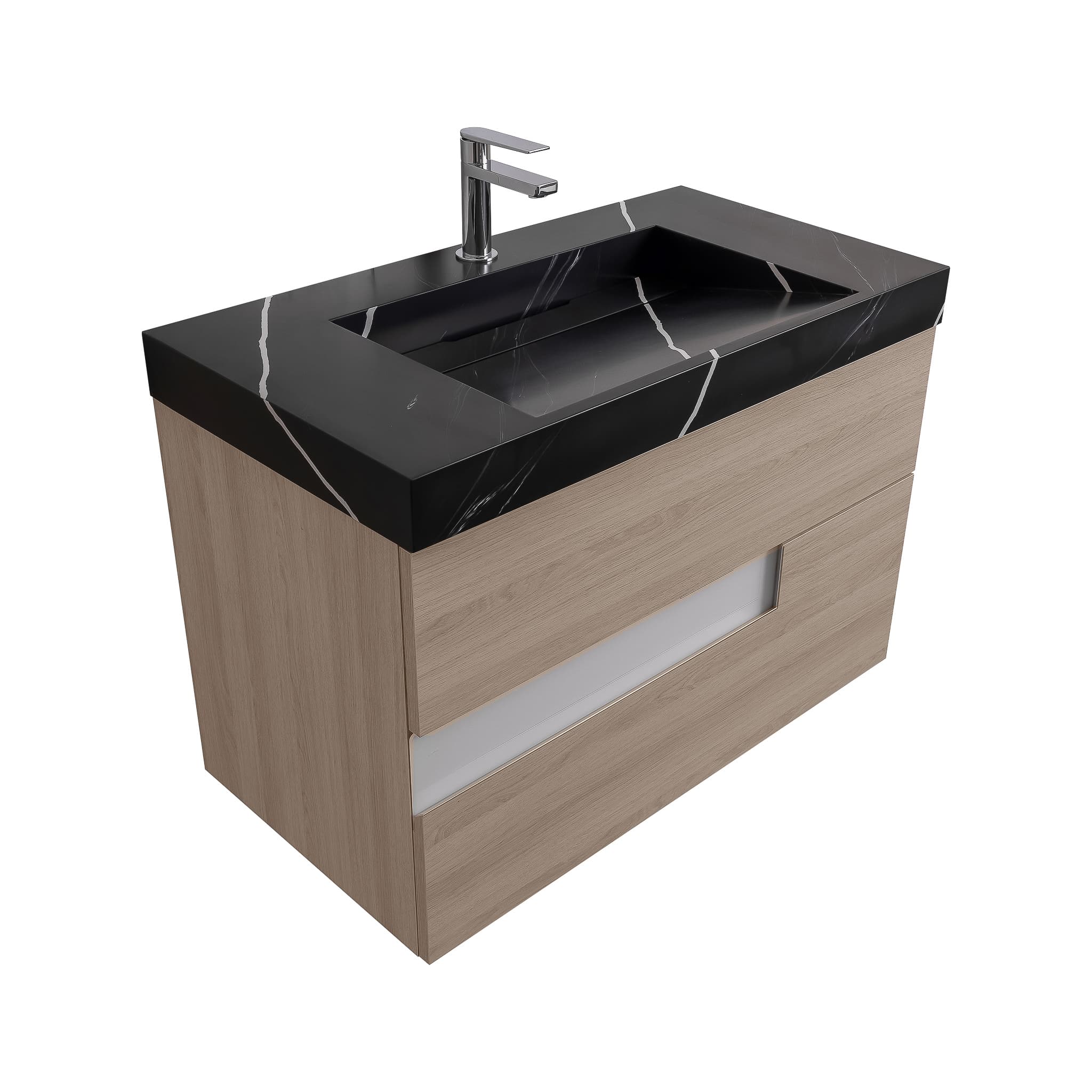 Vision 31.5 Natural Light Wood Cabinet, Solid Surface Matte Black Carrara Infinity Sink, Wall Mounted Modern Vanity Set