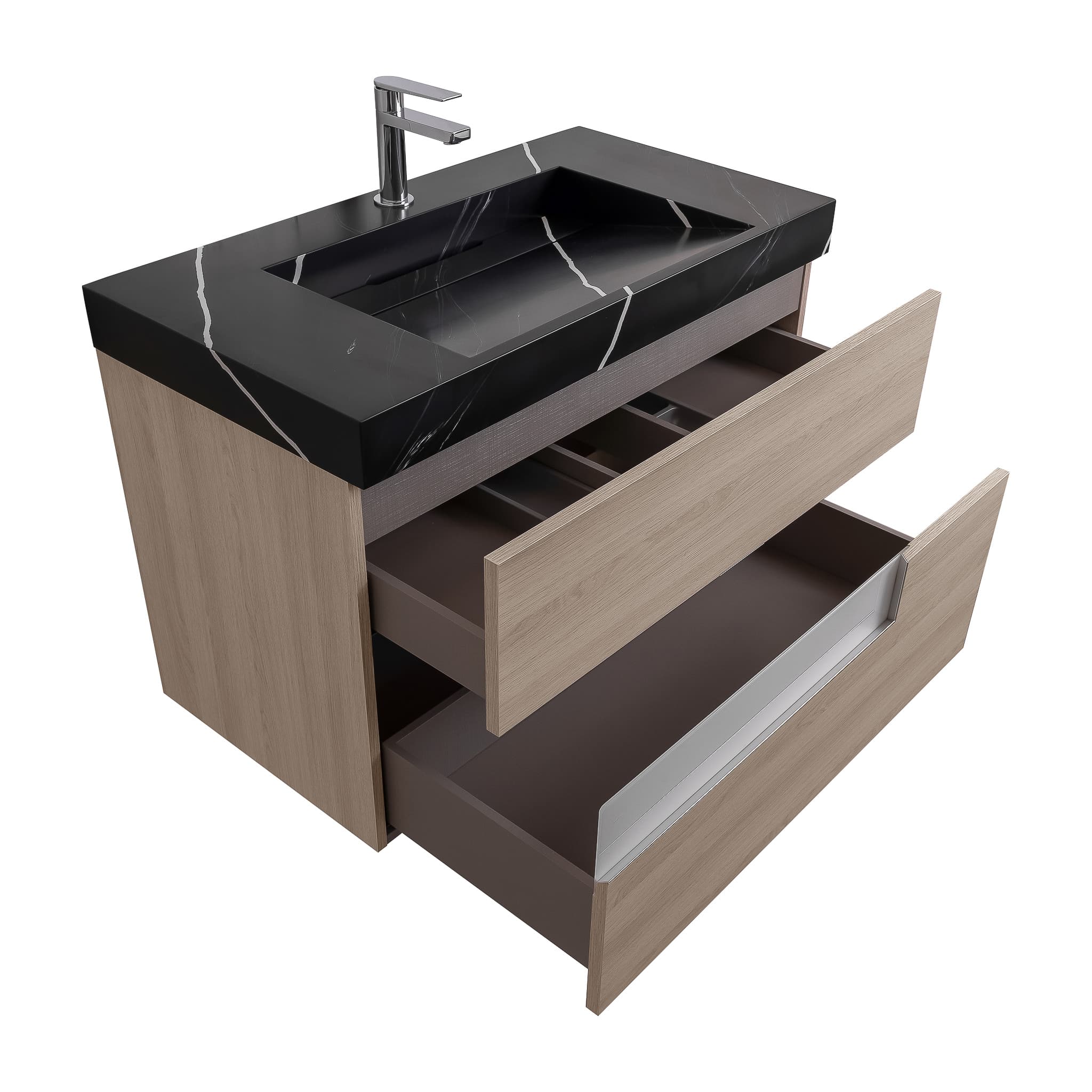 Vision 31.5 Natural Light Wood Cabinet, Solid Surface Matte Black Carrara Infinity Sink, Wall Mounted Modern Vanity Set