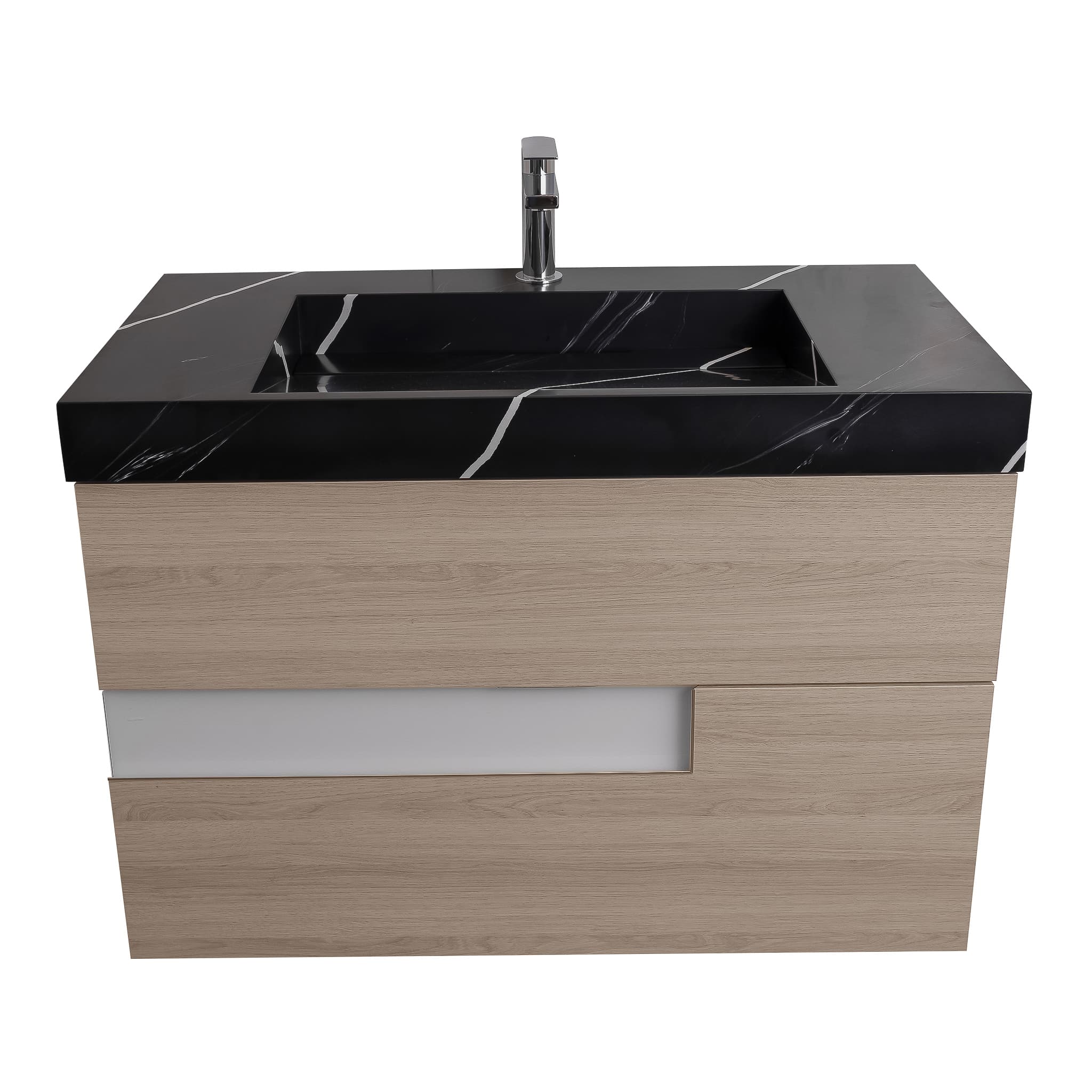 Vision 31.5 Natural Light Wood Cabinet, Solid Surface Matte Black Carrara Infinity Sink, Wall Mounted Modern Vanity Set