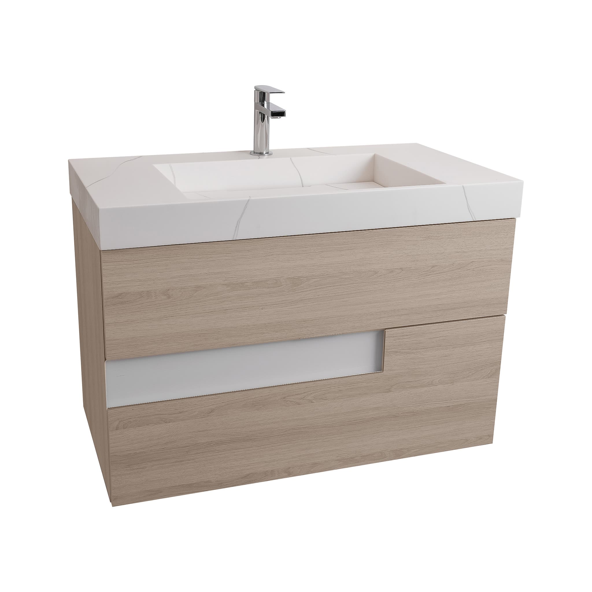 Vision 31.5 Natural Light Wood Cabinet, Solid Surface Matte White Top Carrara Infinity Sink, Wall Mounted Modern Vanity Set