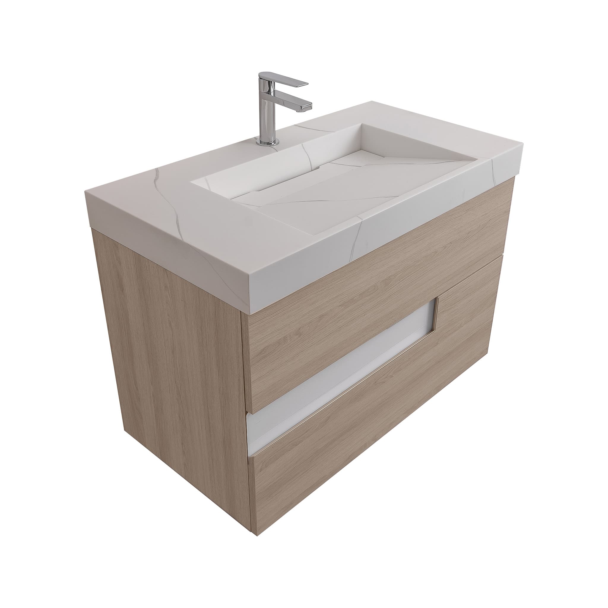 Vision 31.5 Natural Light Wood Cabinet, Solid Surface Matte White Top Carrara Infinity Sink, Wall Mounted Modern Vanity Set