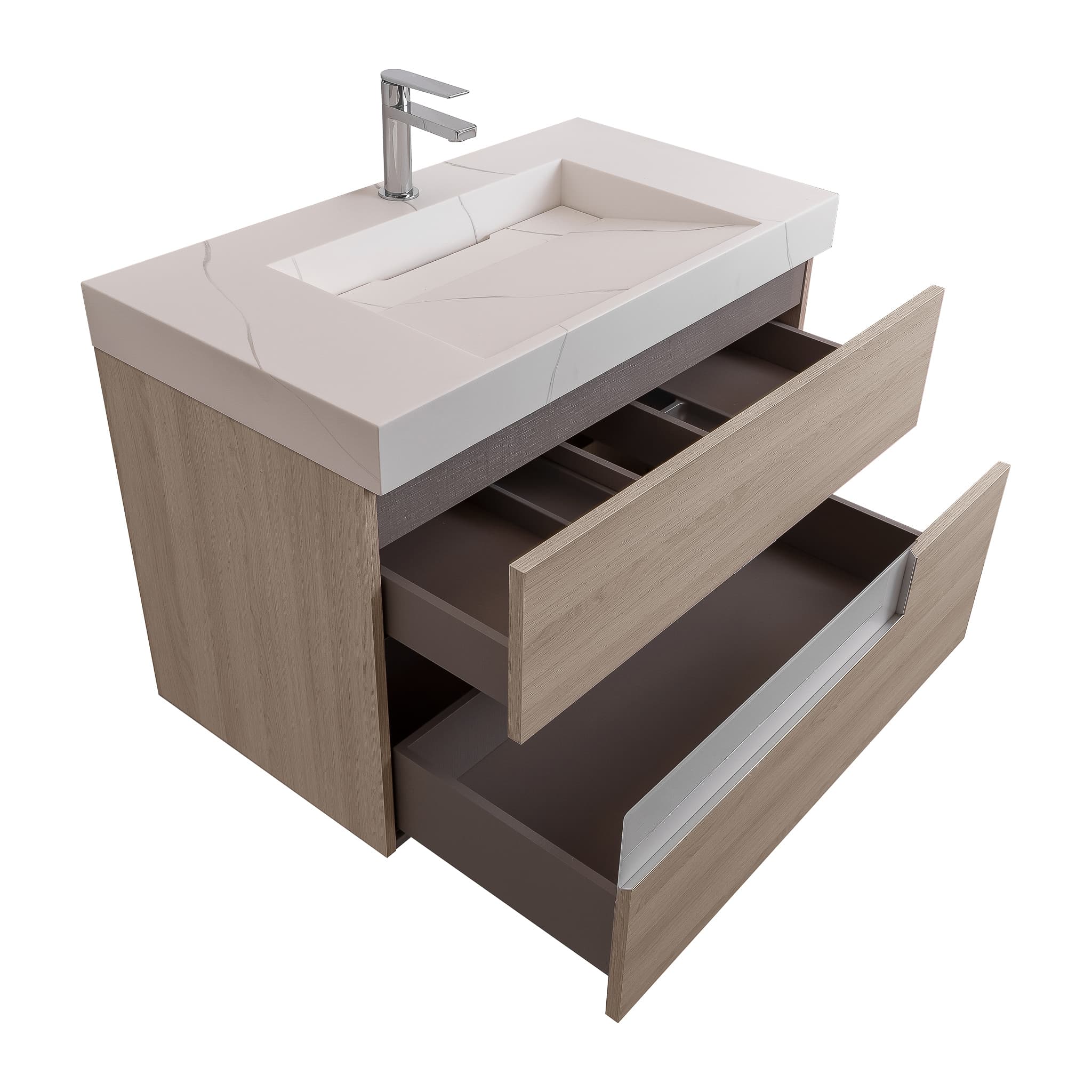 Vision 31.5 Natural Light Wood Cabinet, Solid Surface Matte White Top Carrara Infinity Sink, Wall Mounted Modern Vanity Set