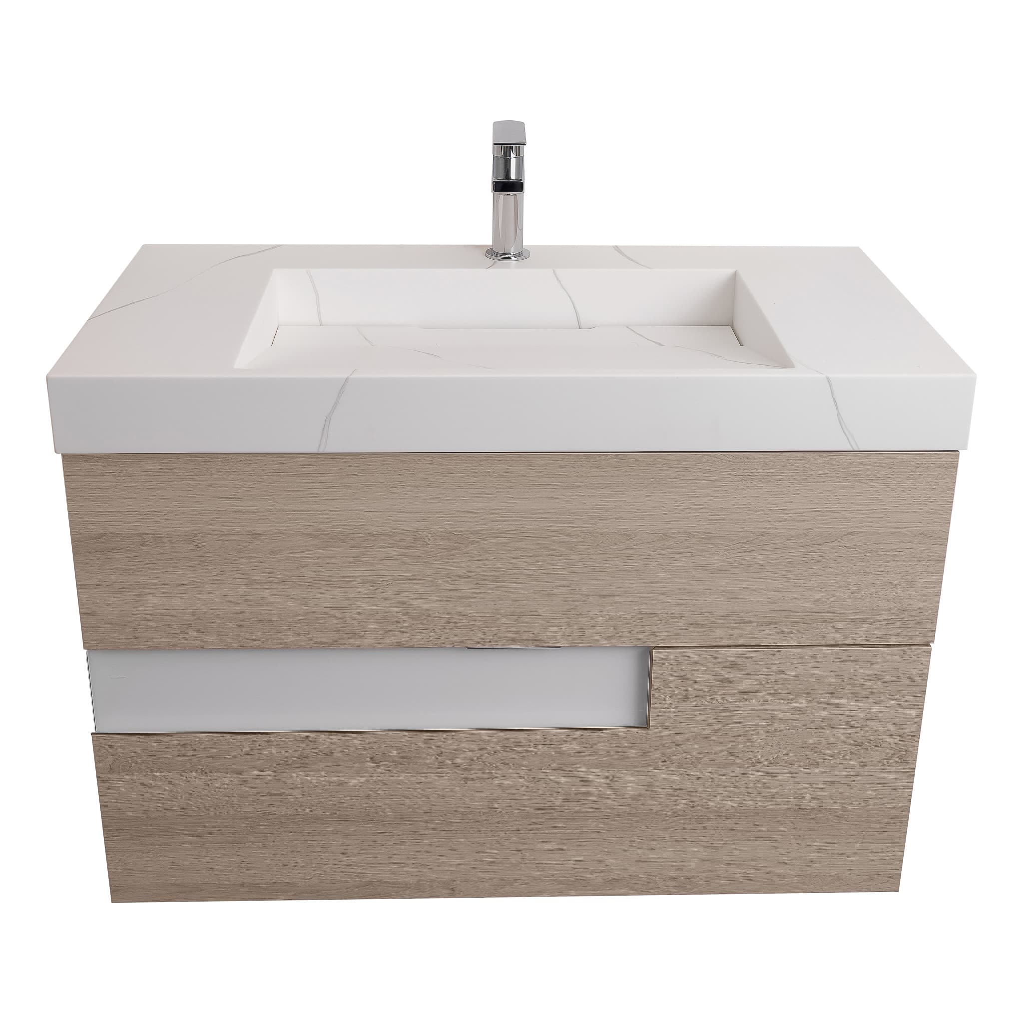 Vision 31.5 Natural Light Wood Cabinet, Solid Surface Matte White Top Carrara Infinity Sink, Wall Mounted Modern Vanity Set