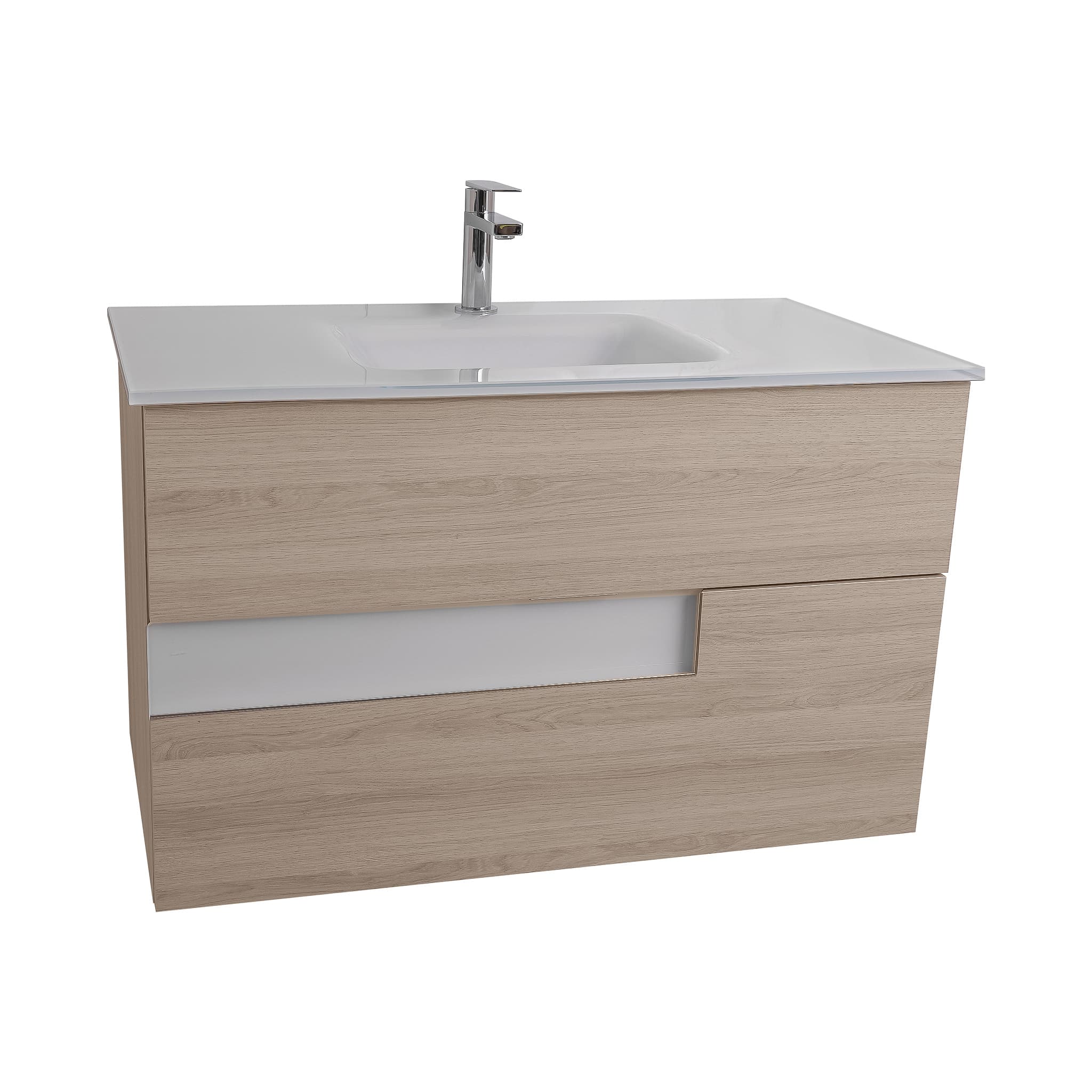 Vision 31.5 Natural Light  Wood Cabinet, White Tempered Glass Sink, Wall Mounted Modern Vanity Set