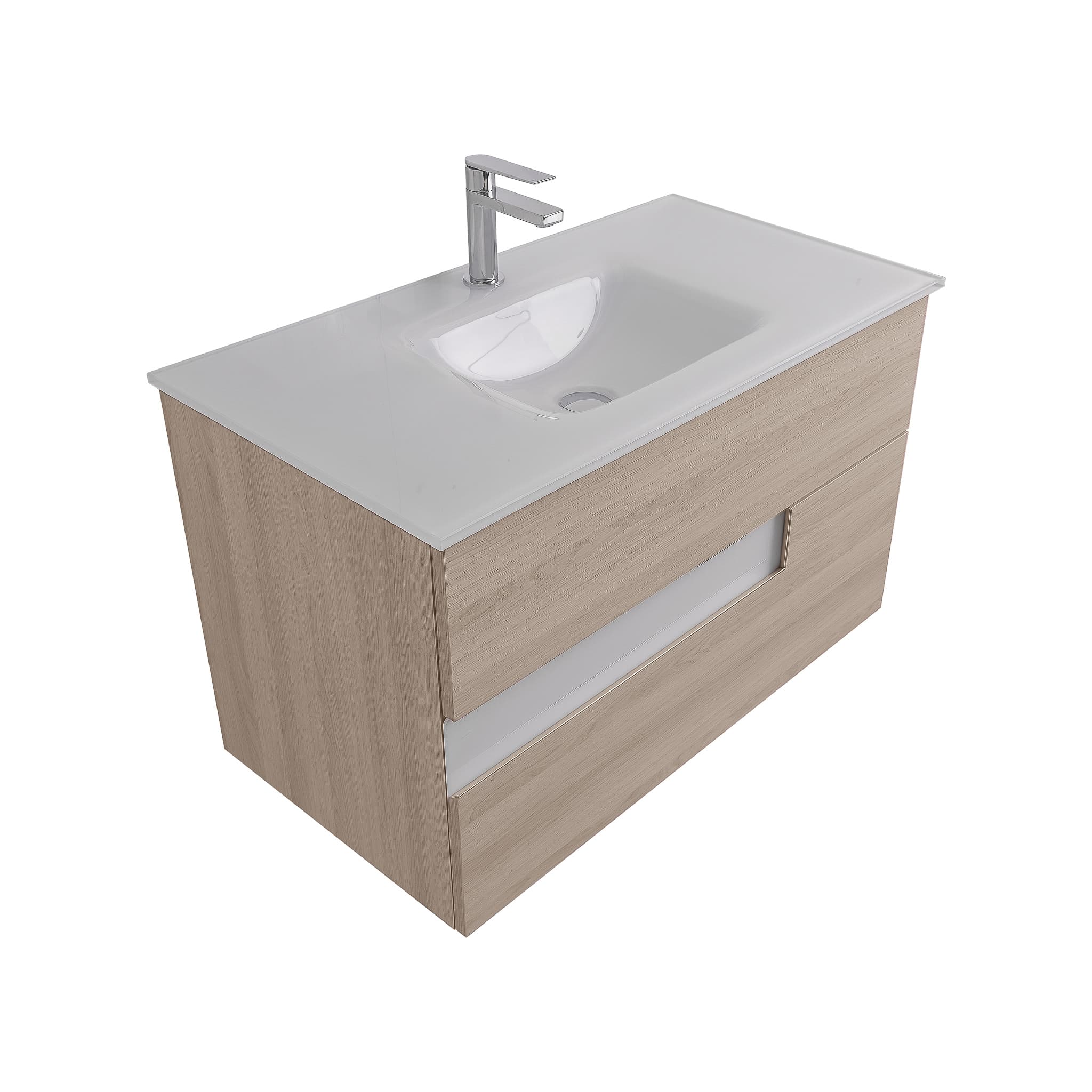 Vision 31.5 Natural Light  Wood Cabinet, White Tempered Glass Sink, Wall Mounted Modern Vanity Set