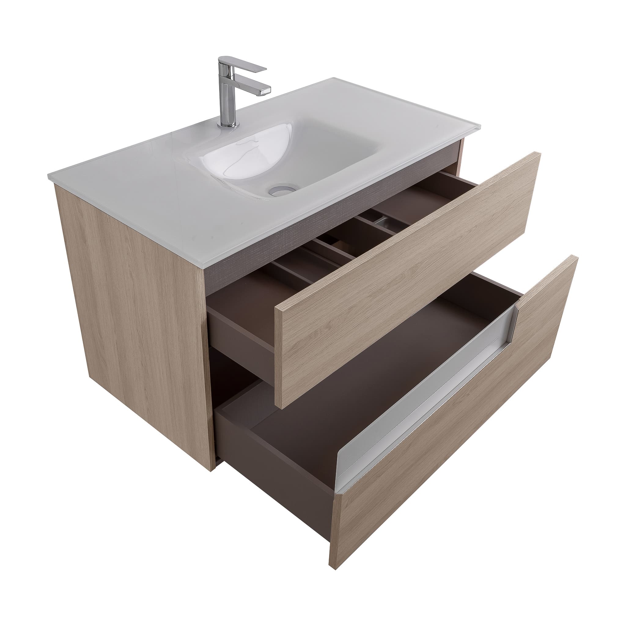 Vision 31.5 Natural Light  Wood Cabinet, White Tempered Glass Sink, Wall Mounted Modern Vanity Set