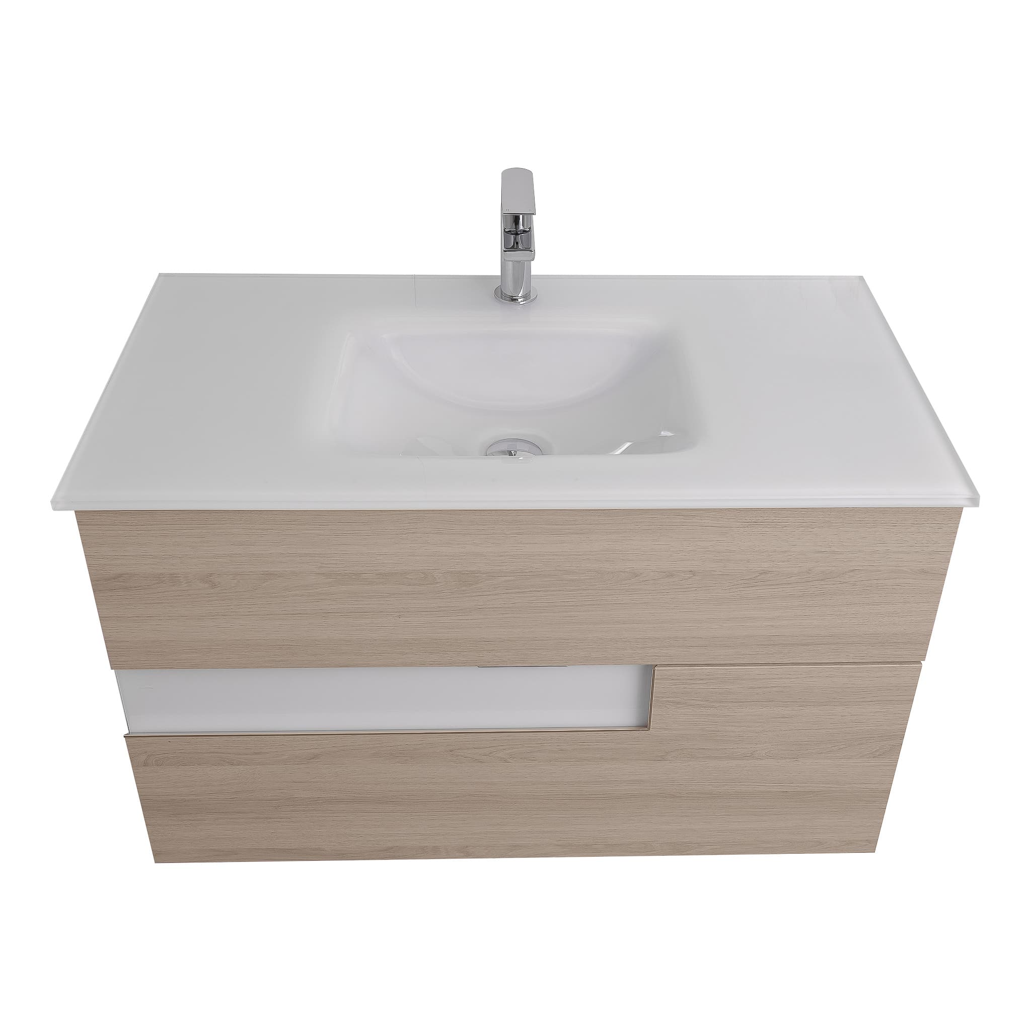 Vision 31.5 Natural Light  Wood Cabinet, White Tempered Glass Sink, Wall Mounted Modern Vanity Set