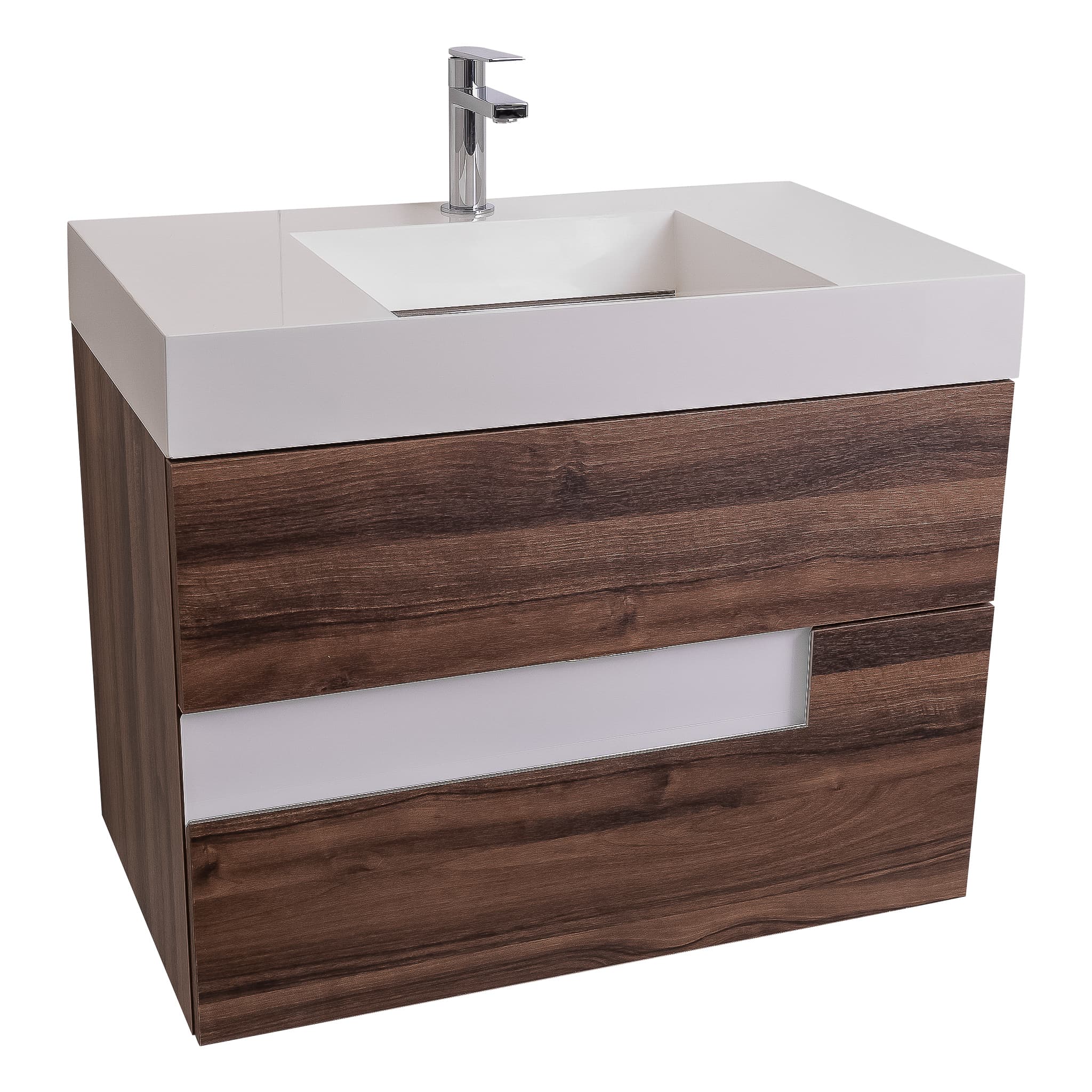 Vision 31.5 Valenti Medium Brown Wood Cabinet, Infinity Cultured Marble Sink, Wall Mounted Modern Vanity Set