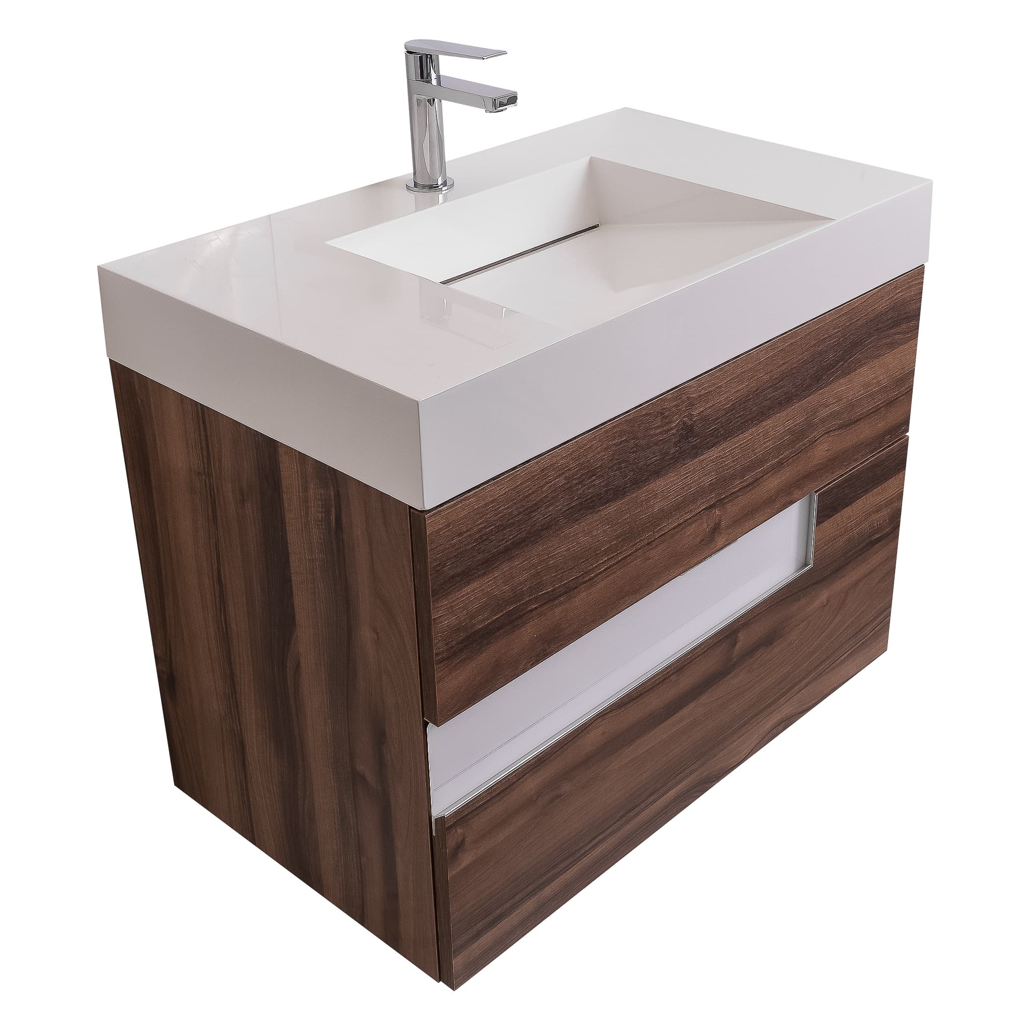 Vision 31.5 Valenti Medium Brown Wood Cabinet, Infinity Cultured Marble Sink, Wall Mounted Modern Vanity Set