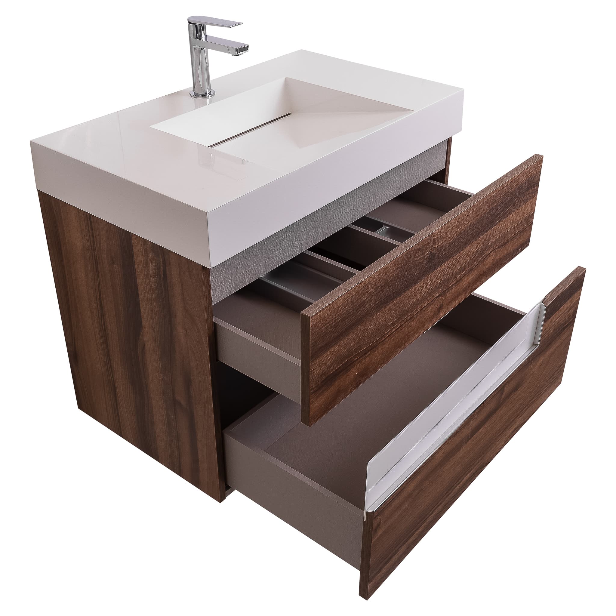 Vision 31.5 Valenti Medium Brown Wood Cabinet, Infinity Cultured Marble Sink, Wall Mounted Modern Vanity Set