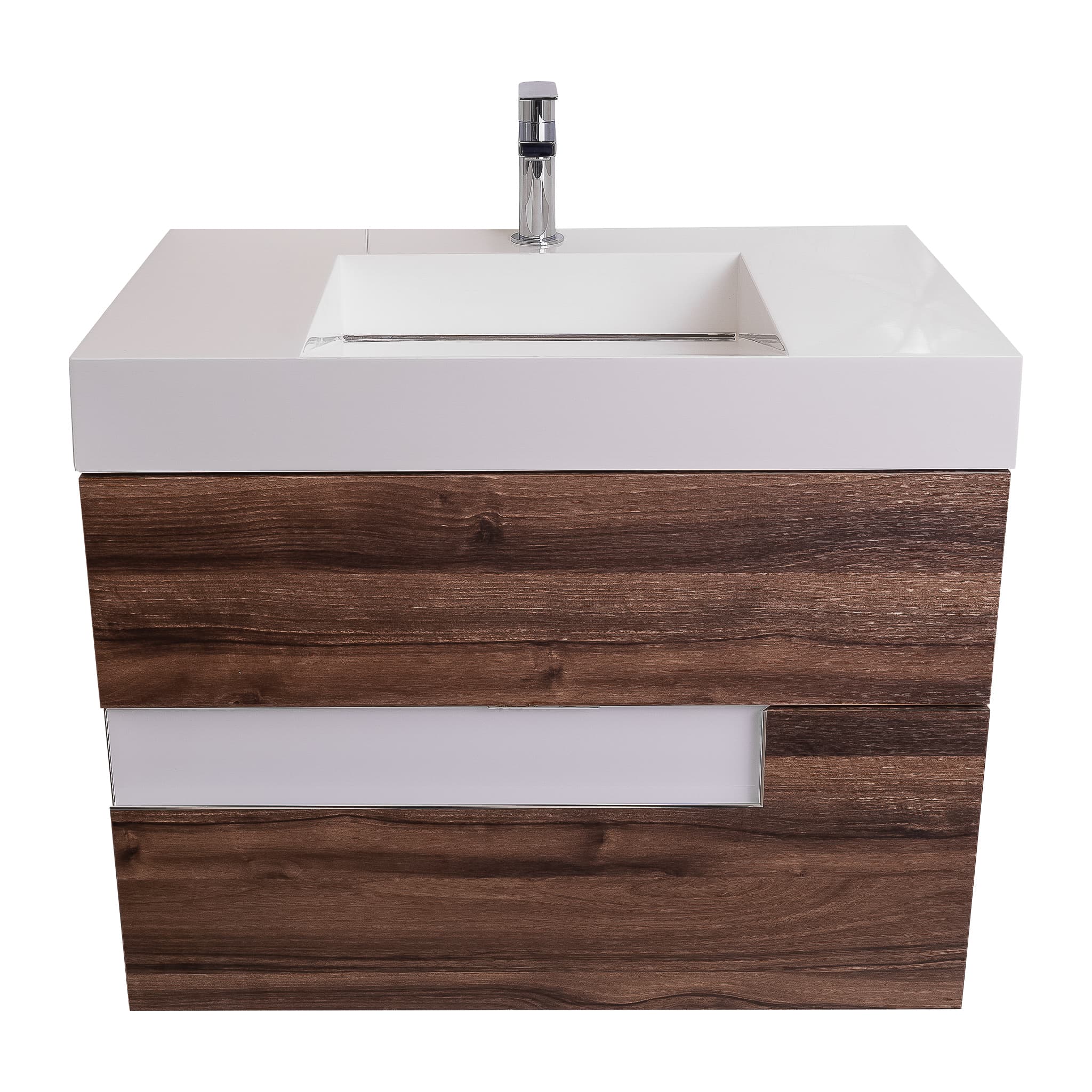 Vision 31.5 Valenti Medium Brown Wood Cabinet, Infinity Cultured Marble Sink, Wall Mounted Modern Vanity Set