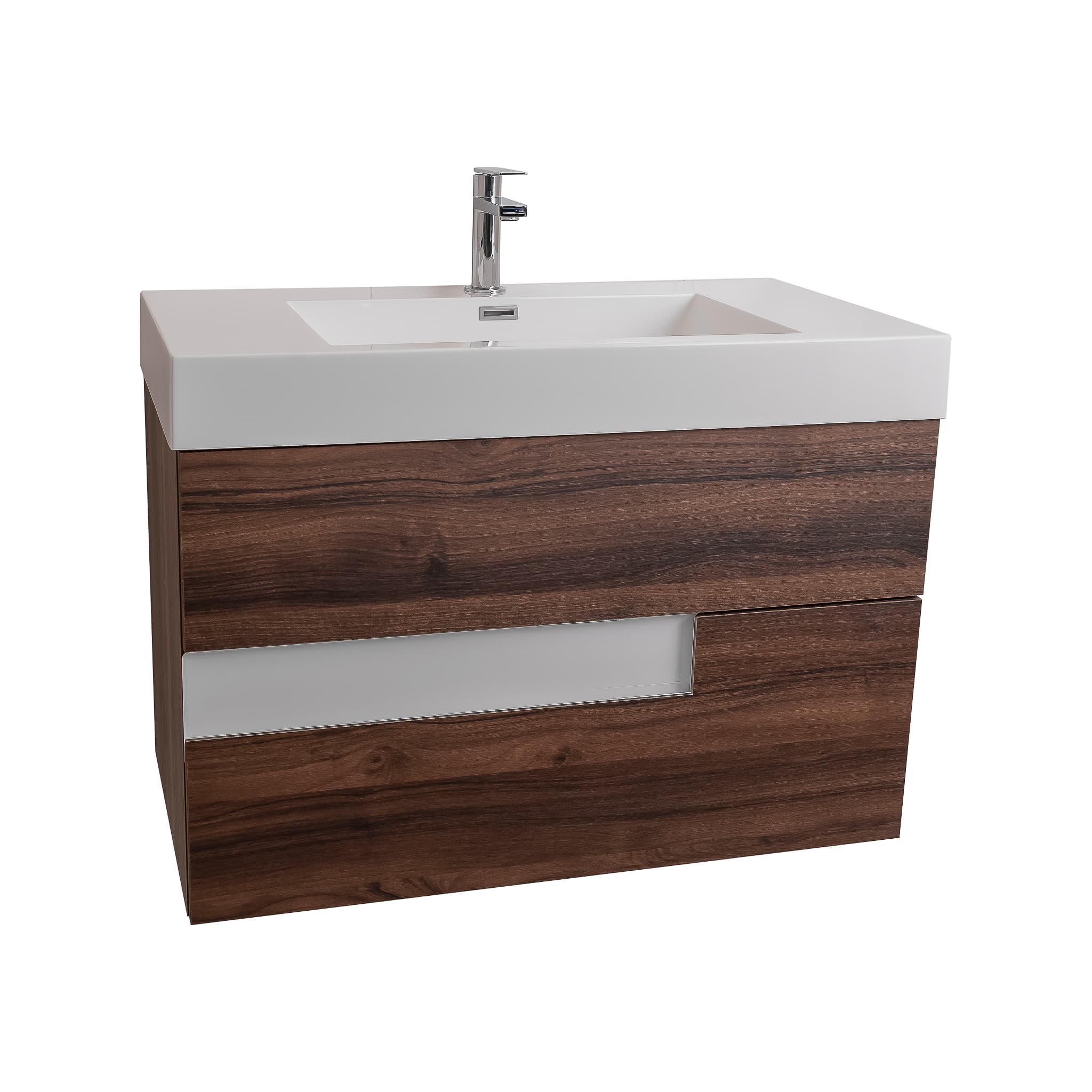 Vision 31.5 Valenti Medium Brown Wood Cabinet, Square Cultured Marble Sink, Wall Mounted Modern Vanity Set