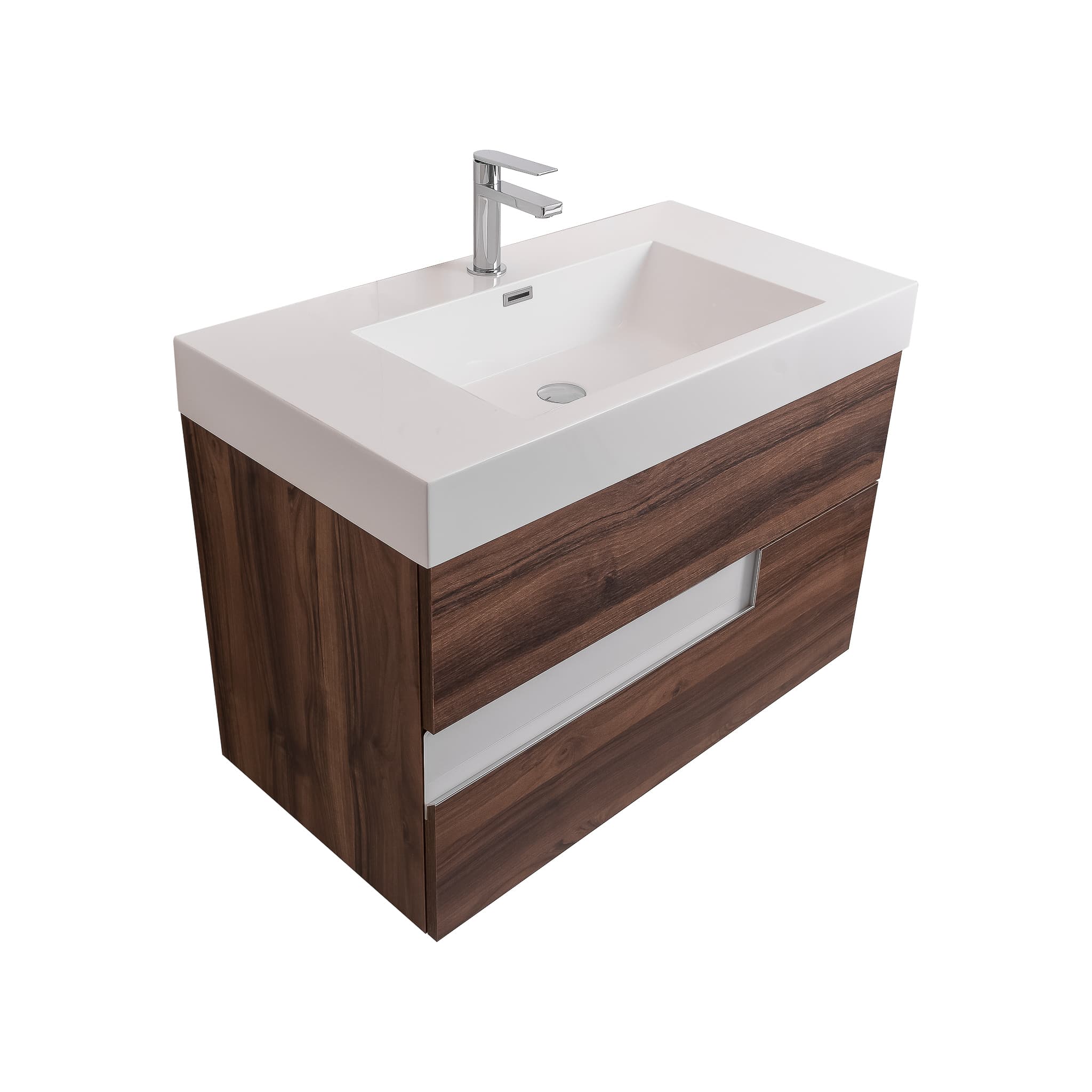 Vision 31.5 Valenti Medium Brown Wood Cabinet, Square Cultured Marble Sink, Wall Mounted Modern Vanity Set