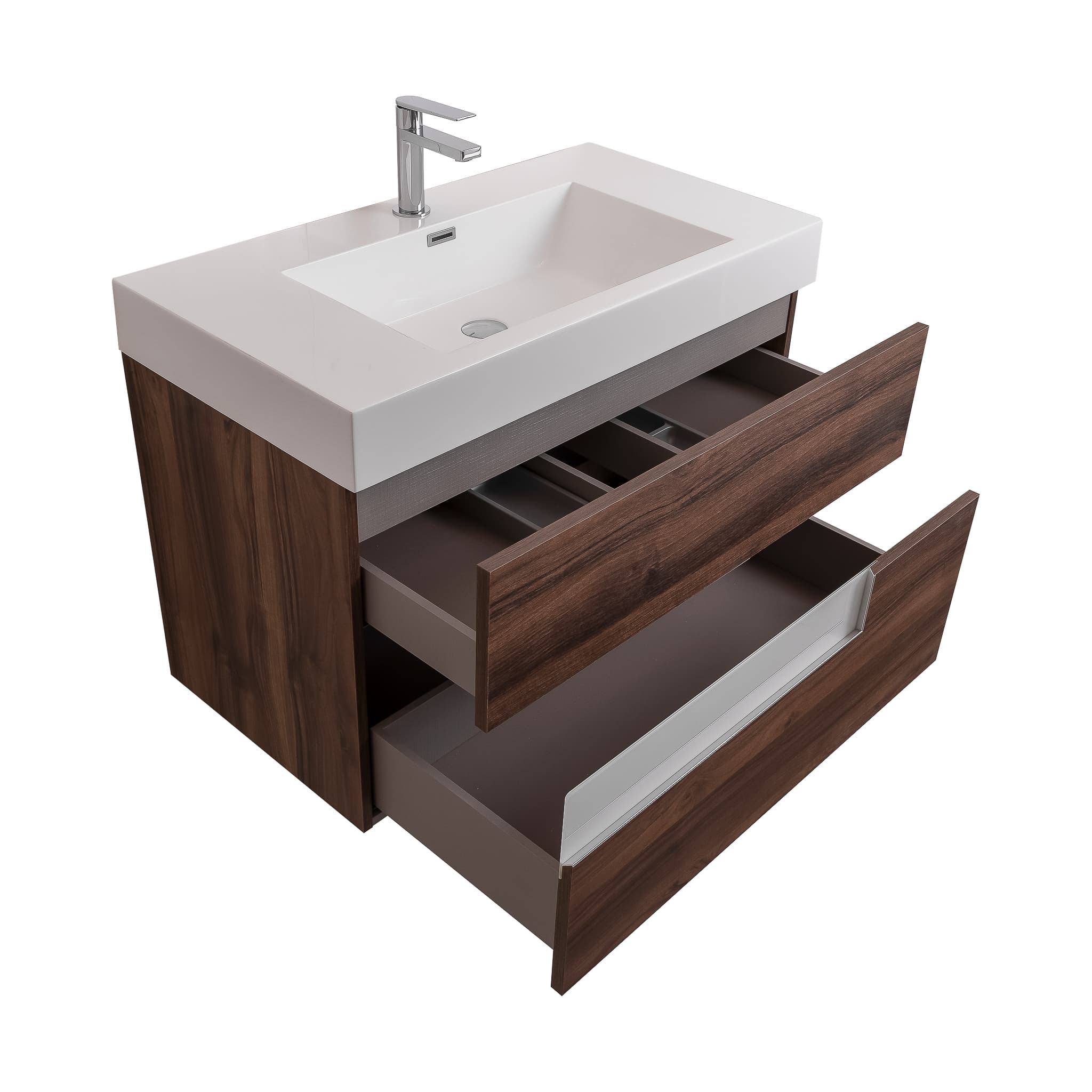 Vision 31.5 Valenti Medium Brown Wood Cabinet, Square Cultured Marble Sink, Wall Mounted Modern Vanity Set