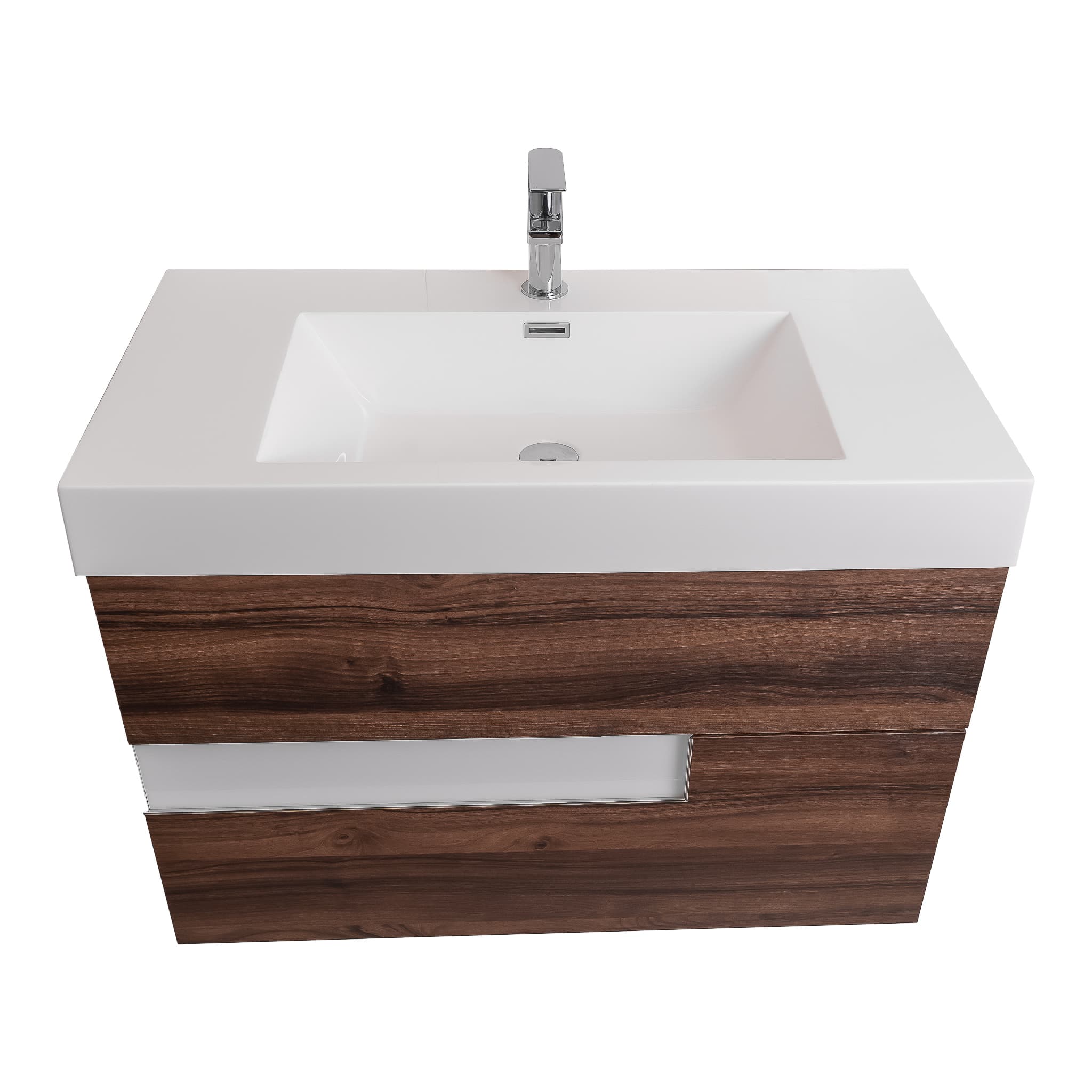 Vision 31.5 Valenti Medium Brown Wood Cabinet, Square Cultured Marble Sink, Wall Mounted Modern Vanity Set