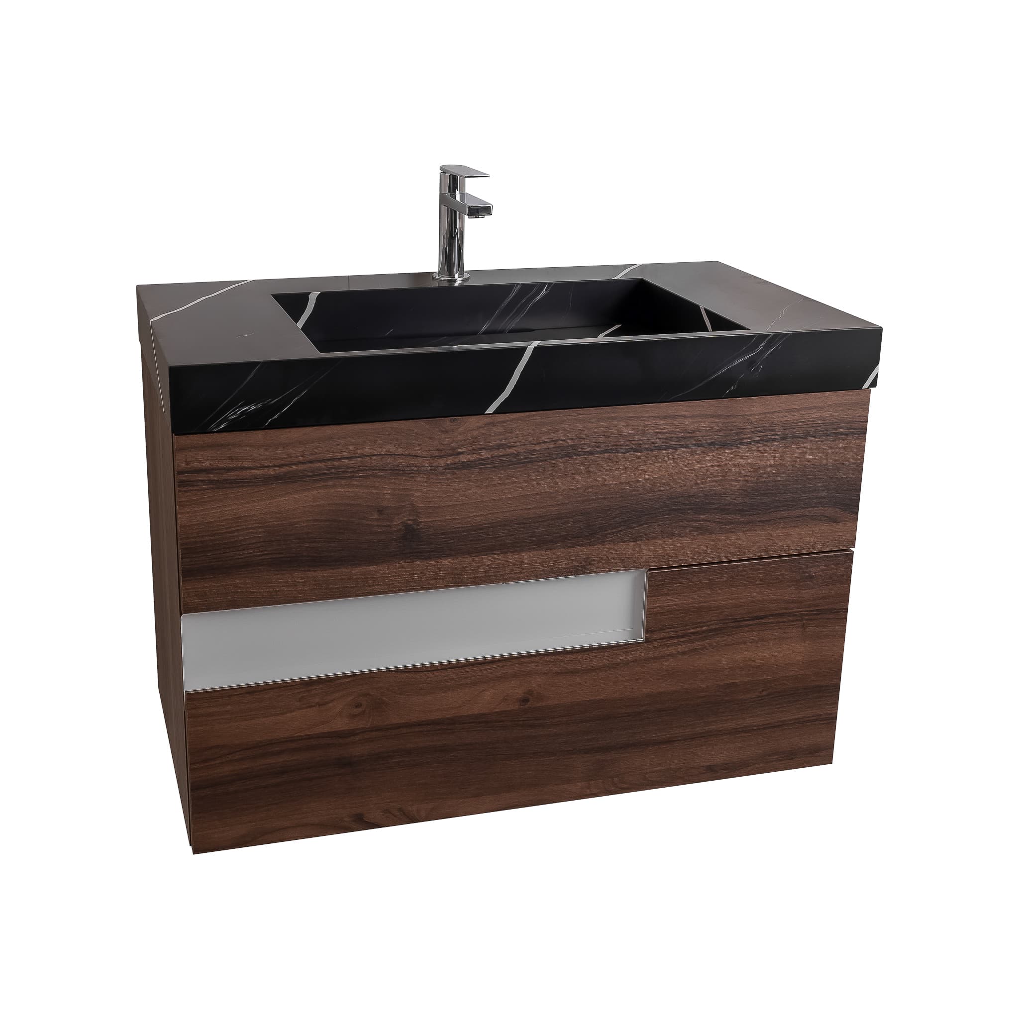 Vision 31.5 Valenti Medium Brown Wood Cabinet, Solid Surface Matte Black Carrara Infinity Sink, Wall Mounted Modern Vanity Set