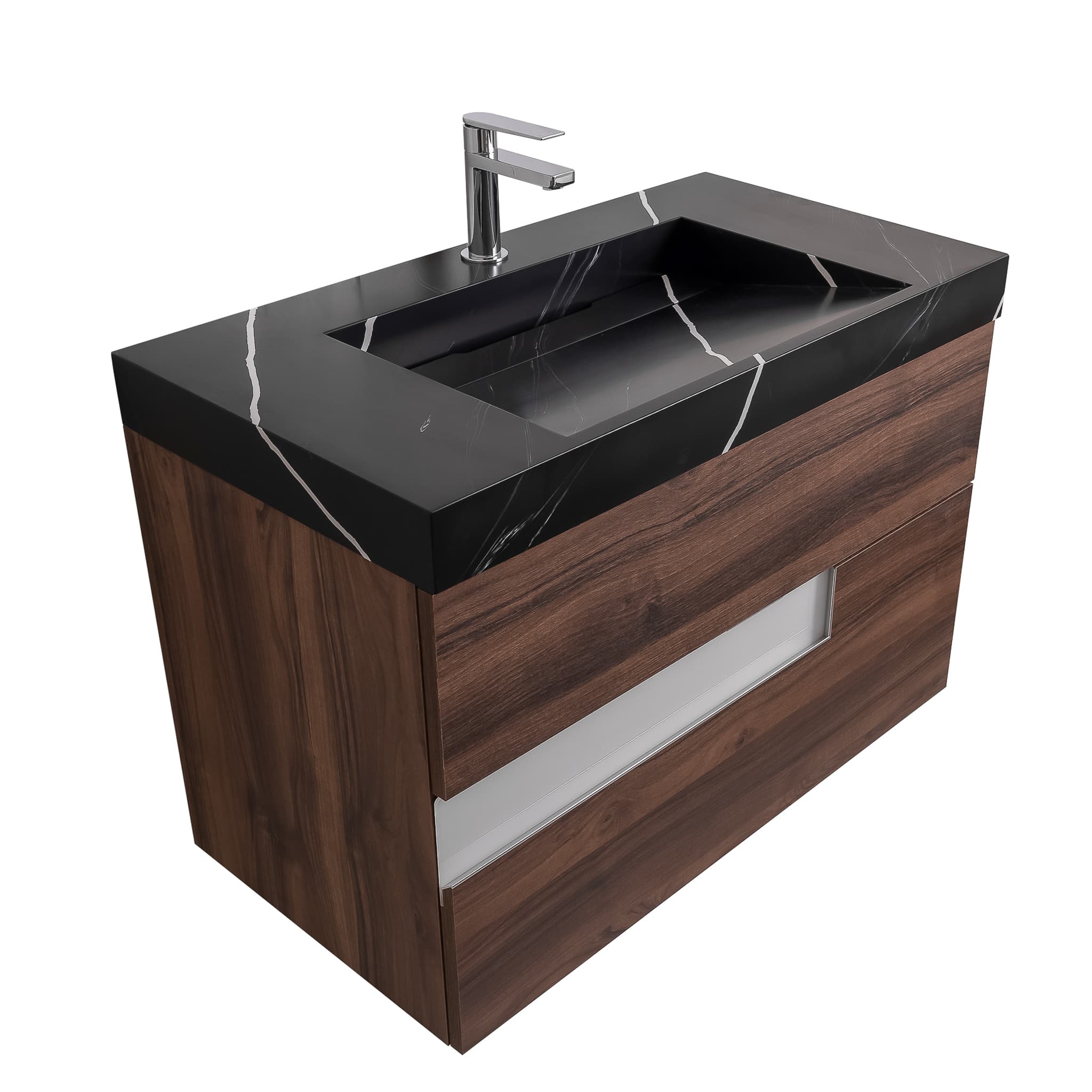 Vision 31.5 Valenti Medium Brown Wood Cabinet, Solid Surface Matte Black Carrara Infinity Sink, Wall Mounted Modern Vanity Set