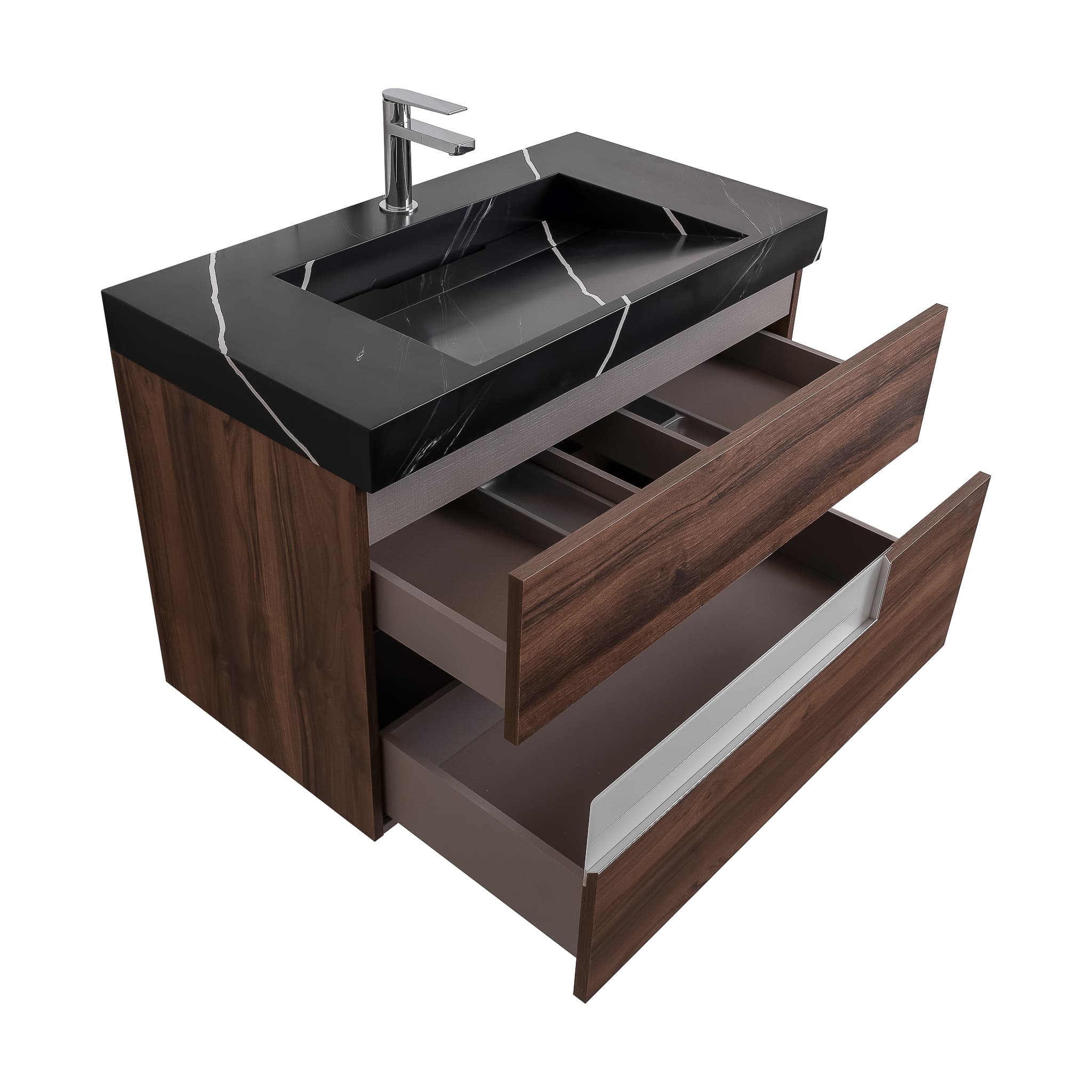 Vision 31.5 Valenti Medium Brown Wood Cabinet, Solid Surface Matte Black Carrara Infinity Sink, Wall Mounted Modern Vanity Set