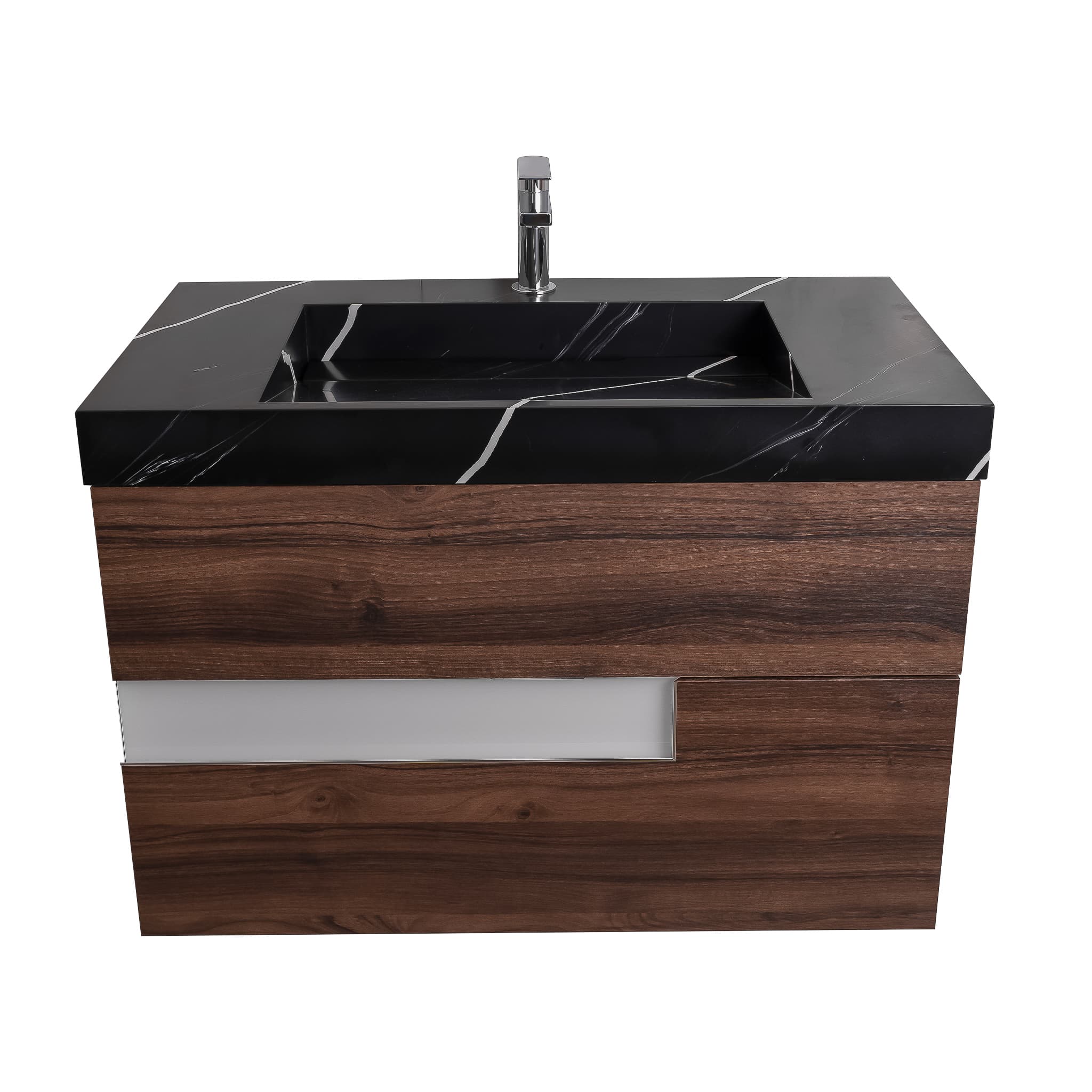 Vision 31.5 Valenti Medium Brown Wood Cabinet, Solid Surface Matte Black Carrara Infinity Sink, Wall Mounted Modern Vanity Set