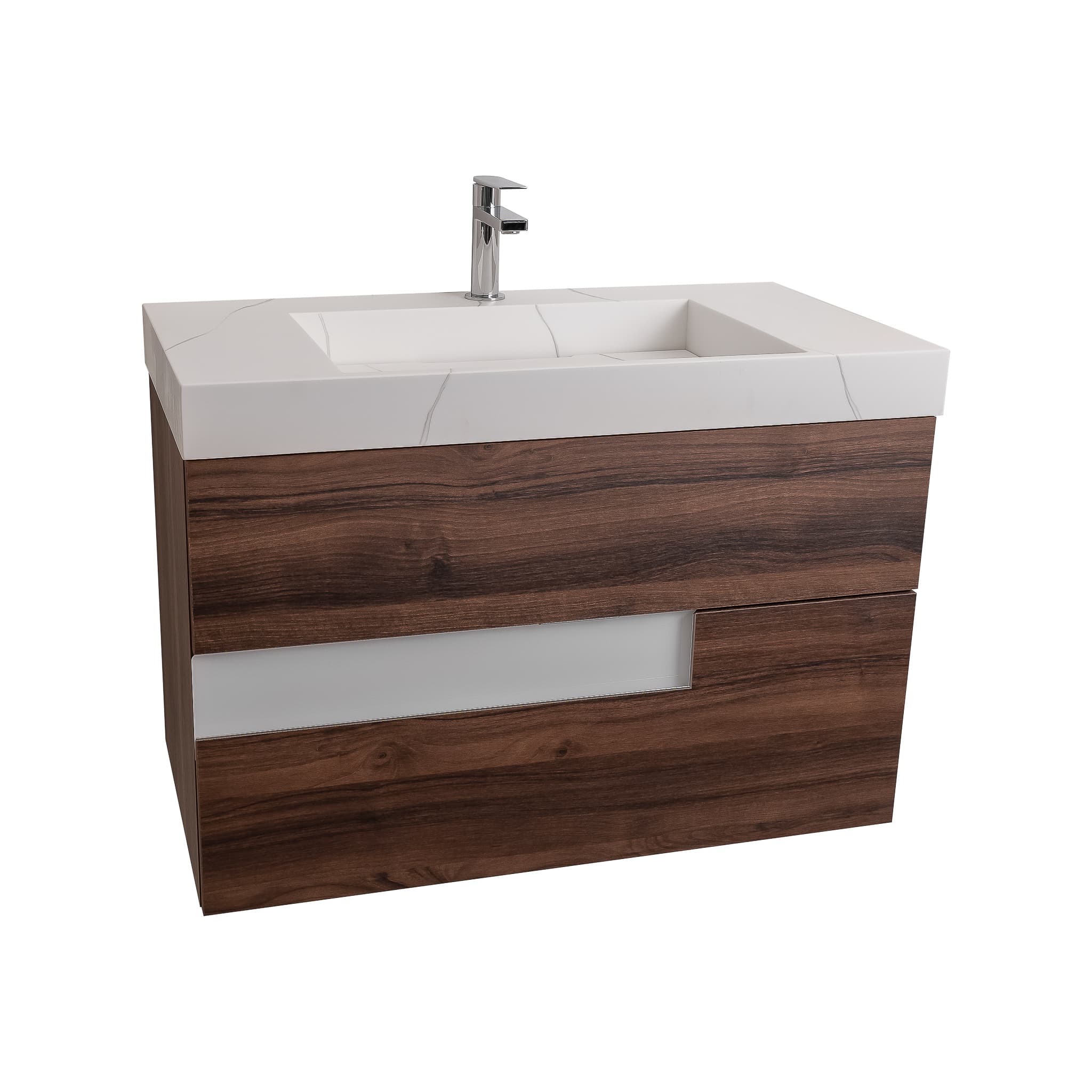 Vision 31.5 Valenti Medium Brown Wood Cabinet, Solid Surface Matte White Top Carrara Infinity Sink, Wall Mounted Modern Vanity Set