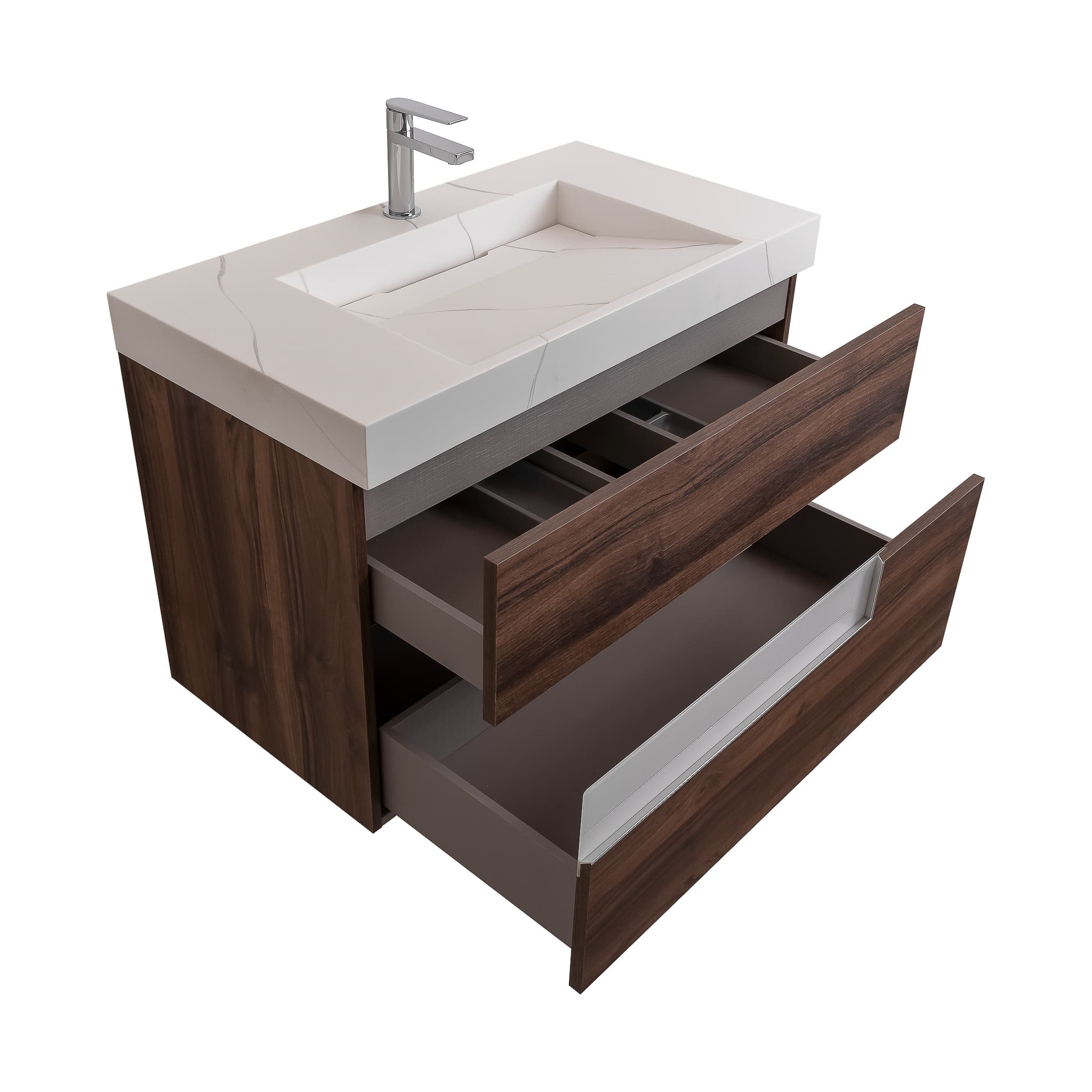 Vision 31.5 Valenti Medium Brown Wood Cabinet, Solid Surface Matte White Top Carrara Infinity Sink, Wall Mounted Modern Vanity Set