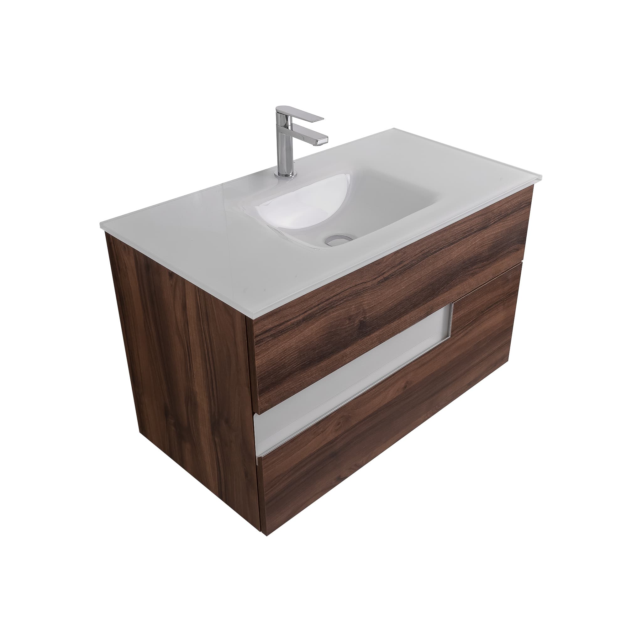 Vision 31.5 Valenti Medium Brown Wood Cabinet, White Tempered Glass Sink, Wall Mounted Modern Vanity Set