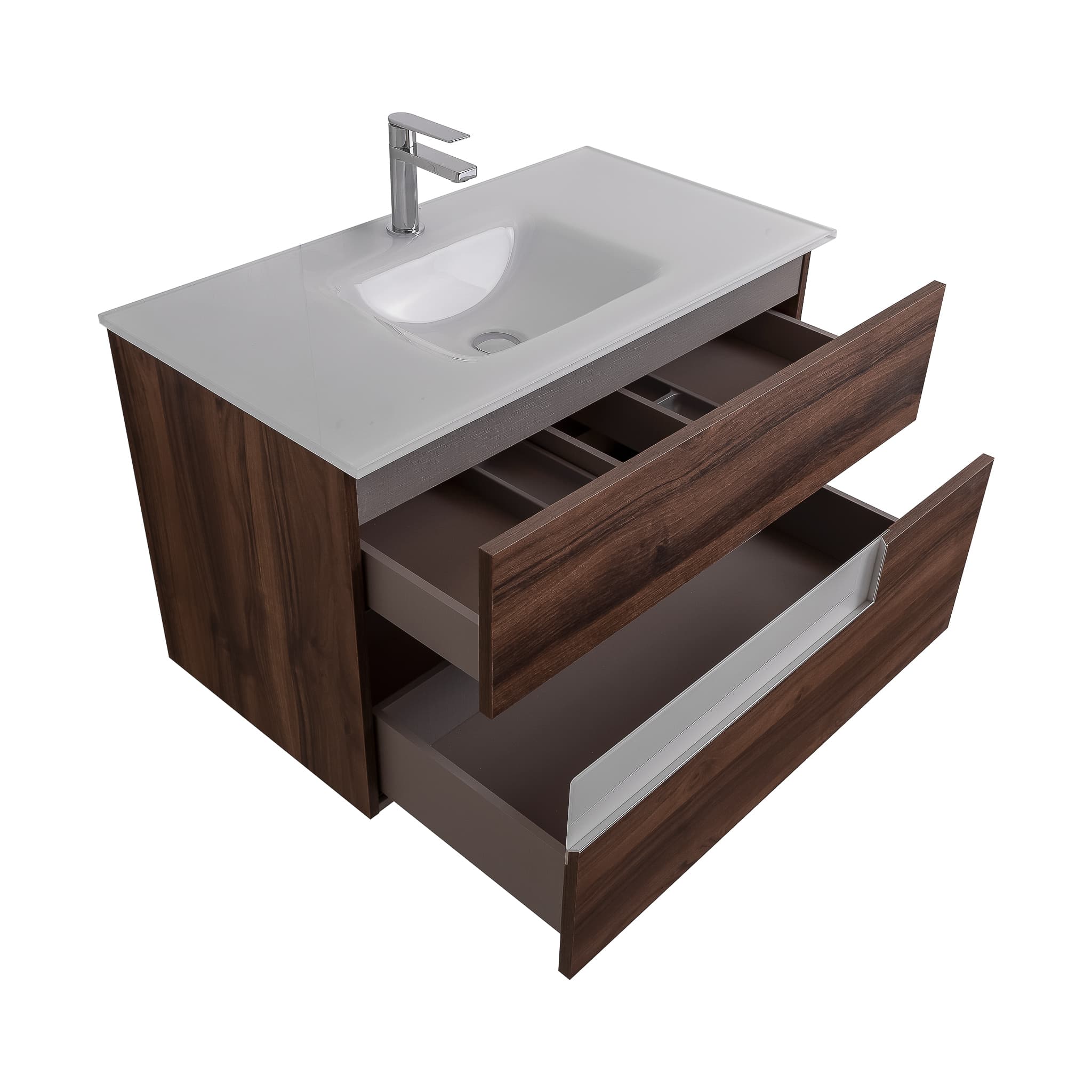 Vision 31.5 Valenti Medium Brown Wood Cabinet, White Tempered Glass Sink, Wall Mounted Modern Vanity Set