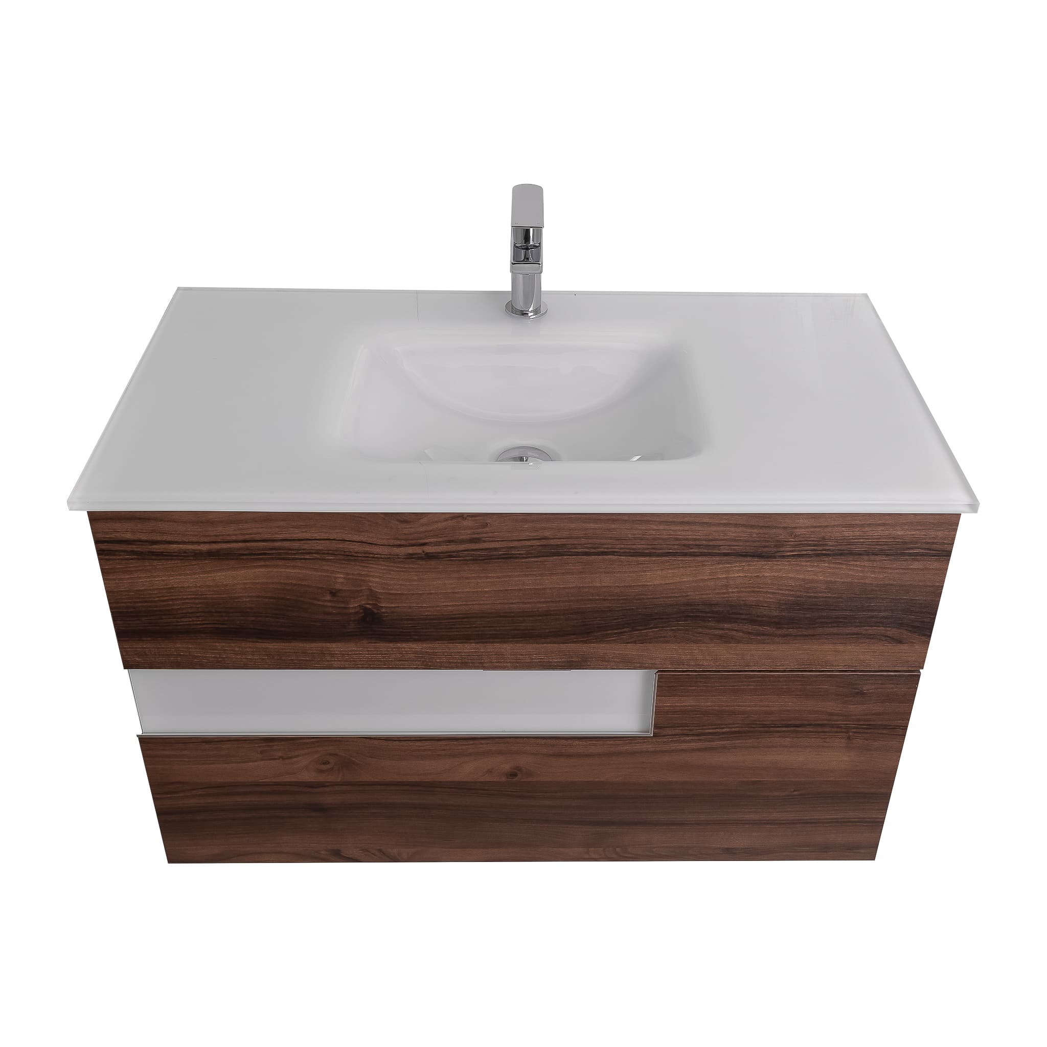 Vision 31.5 Valenti Medium Brown Wood Cabinet, White Tempered Glass Sink, Wall Mounted Modern Vanity Set