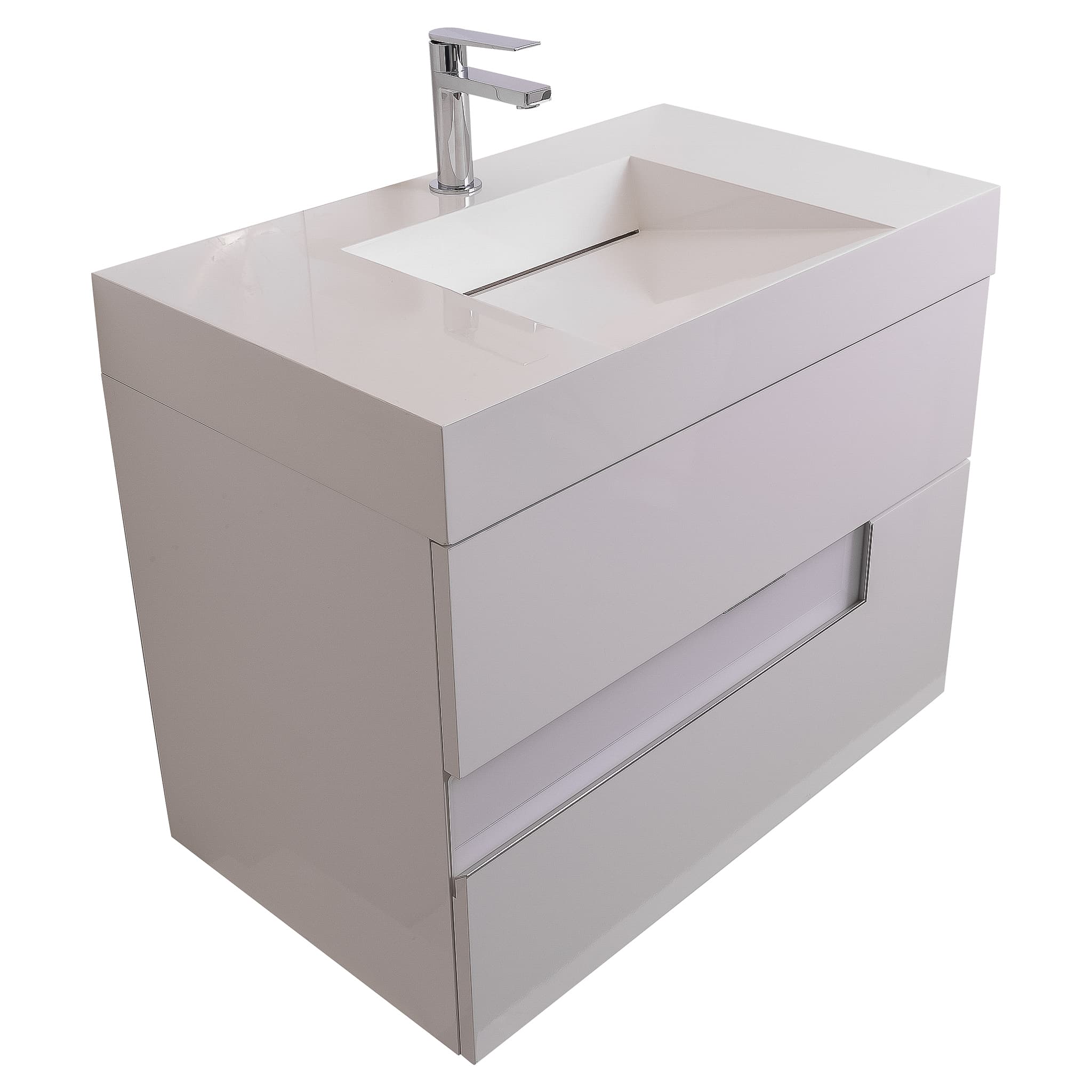 Vision 31.5 White High Gloss Cabinet, Infinity Cultured Marble Sink, Wall Mounted Modern Vanity Set