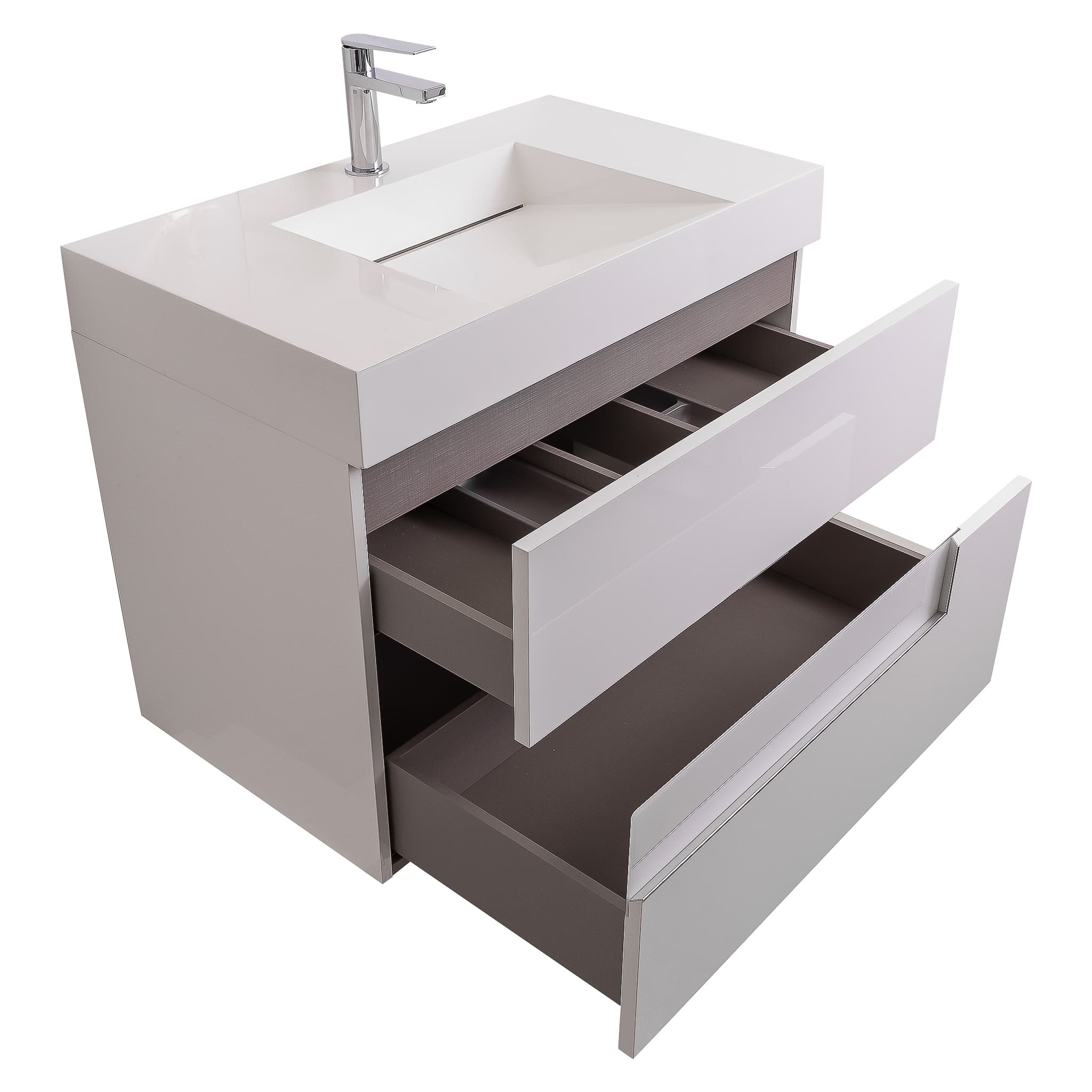 Vision 31.5 White High Gloss Cabinet, Infinity Cultured Marble Sink, Wall Mounted Modern Vanity Set