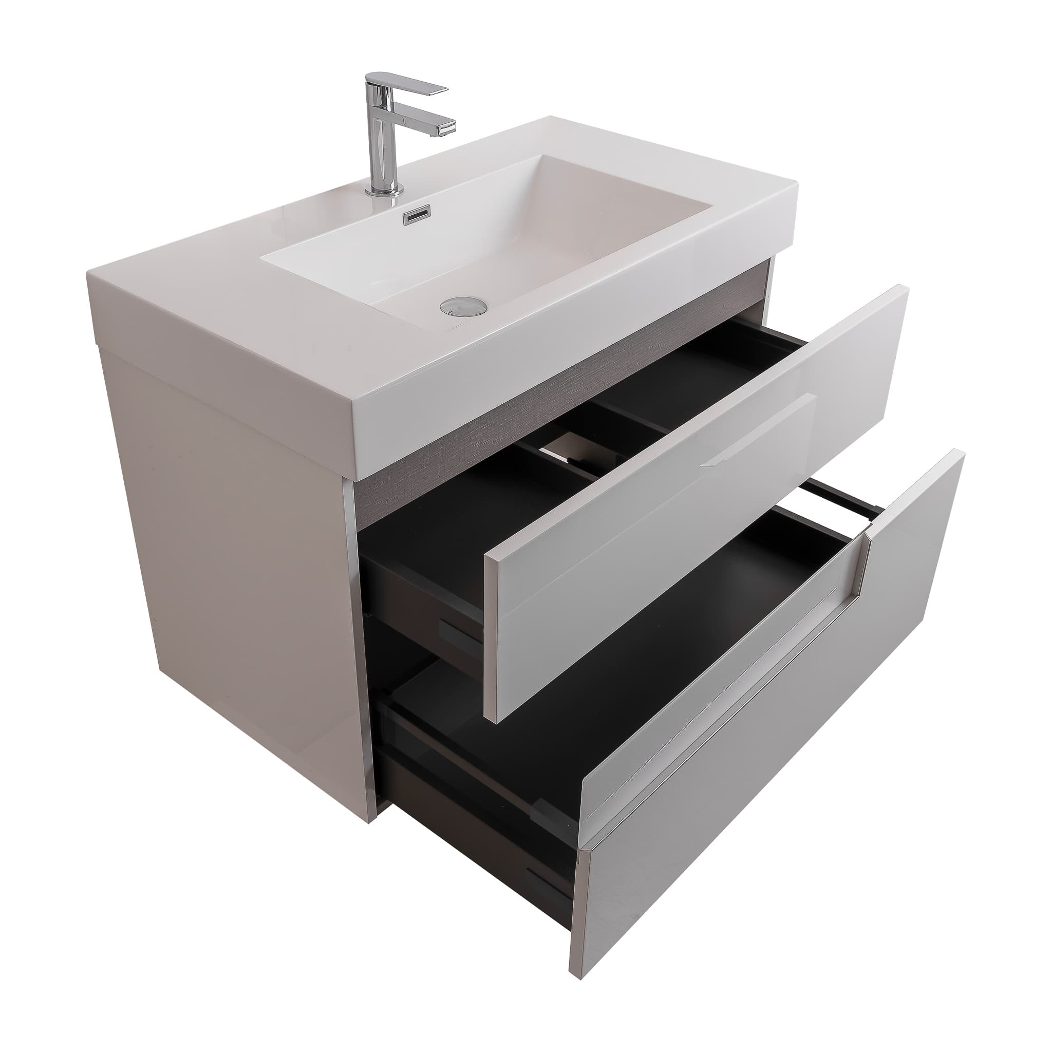Vision 31.5 White High Gloss Cabinet, Square Cultured Marble Sink, Wall Mounted Modern Vanity Set