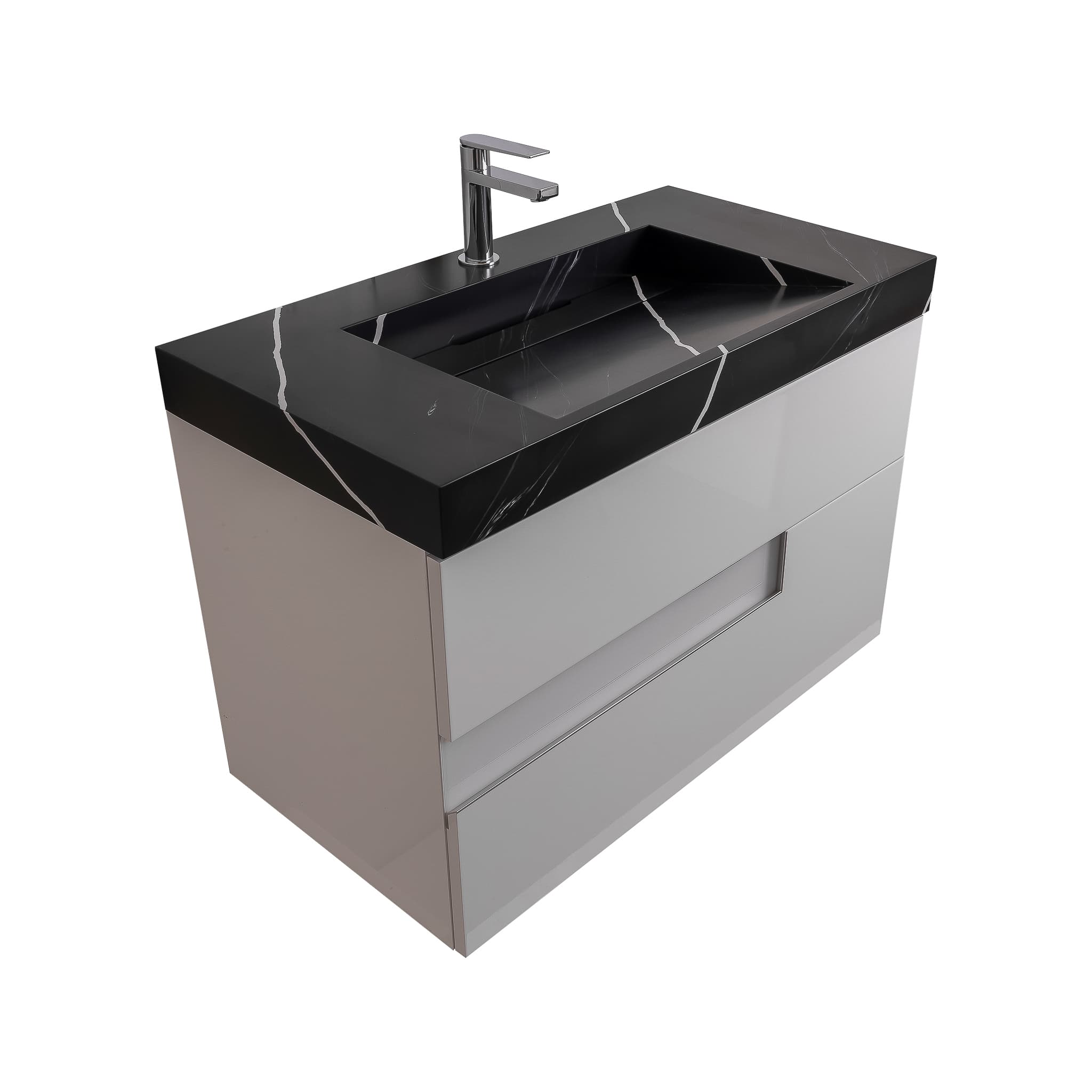 Vision 31.5 White High Gloss Cabinet, Solid Surface Matte Black Carrara Infinity Sink, Wall Mounted Modern Vanity Set