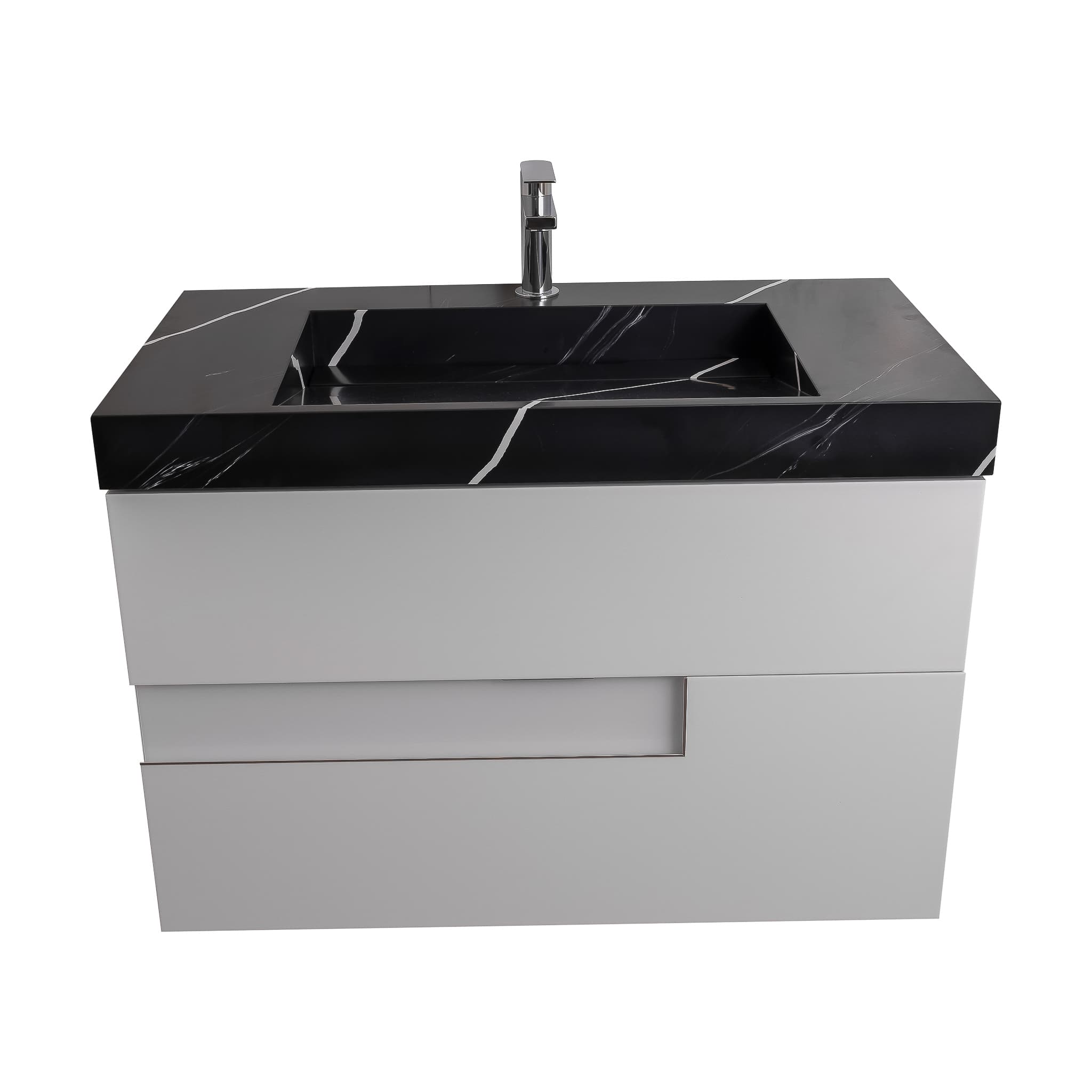 Vision 31.5 White High Gloss Cabinet, Solid Surface Matte Black Carrara Infinity Sink, Wall Mounted Modern Vanity Set