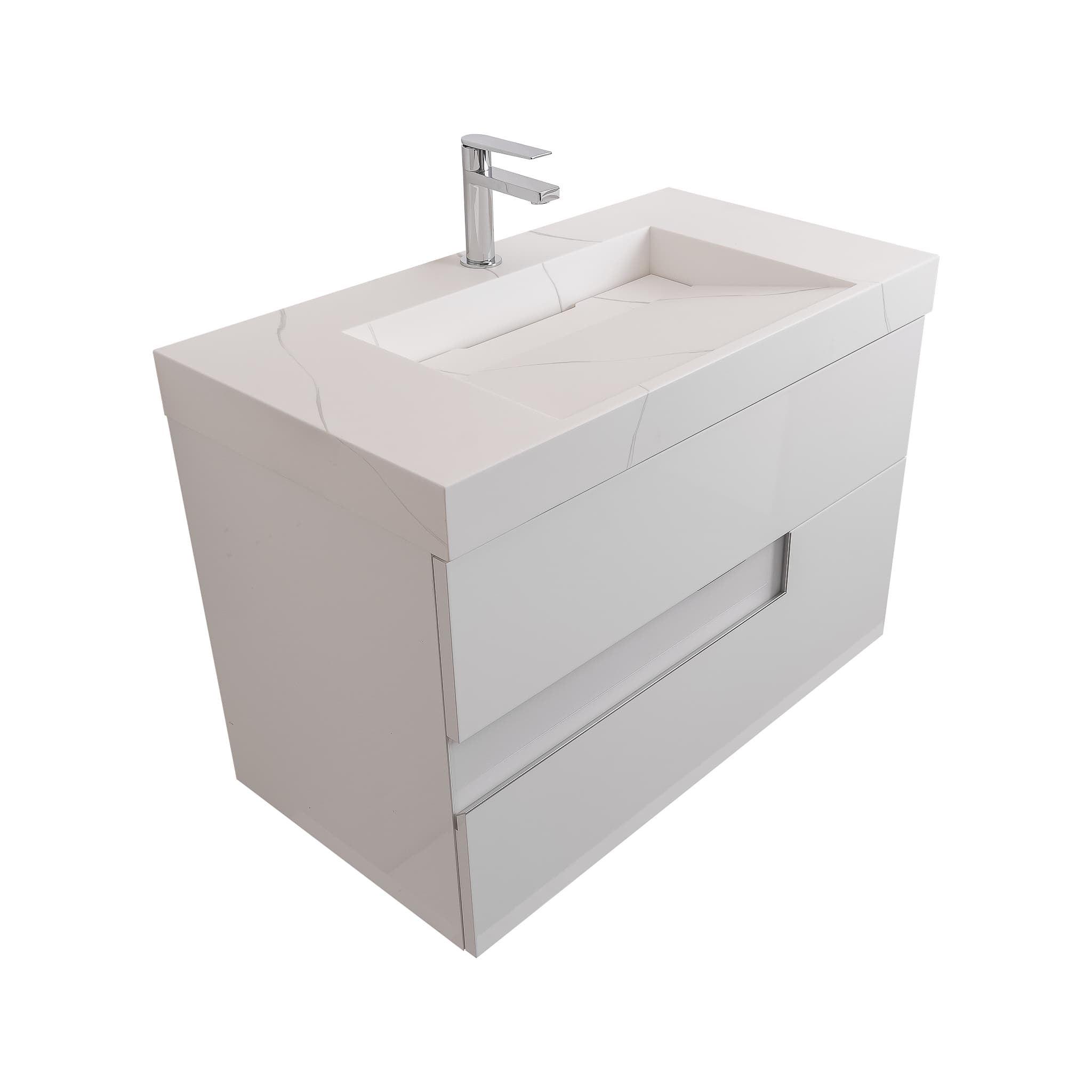 Vision 31.5 White High Gloss Cabinet, Solid Surface Matte White Top Carrara Infinity Sink, Wall Mounted Modern Vanity Set