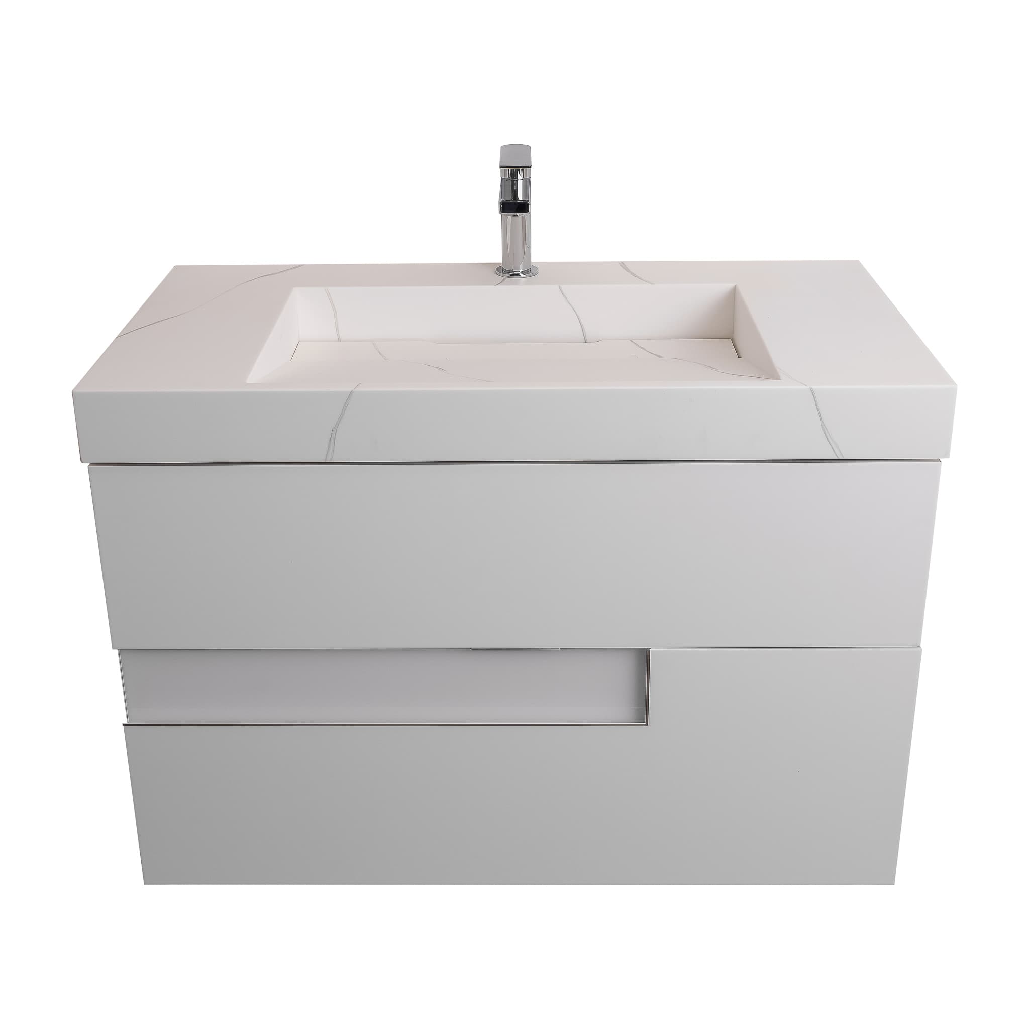 Vision 31.5 White High Gloss Cabinet, Solid Surface Matte White Top Carrara Infinity Sink, Wall Mounted Modern Vanity Set