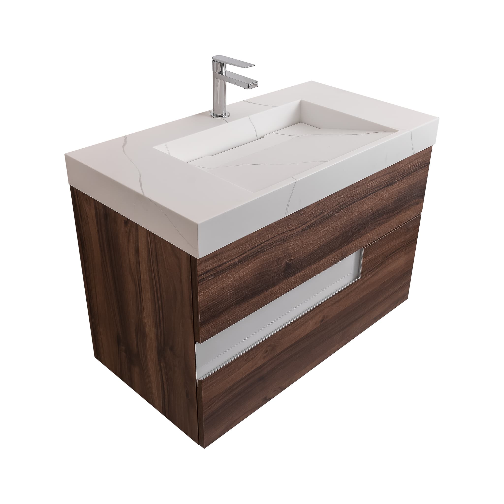 Vision 35.5 Valenti Medium Brown Wood Cabinet, Solid Surface Matte White Top Carrara Infinity Sink, Wall Mounted Modern Vanity Set